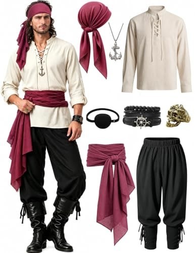 Men\'s 8-Piece Pirate Costume Set with Lace-Up Shirt & Accessories for Parties