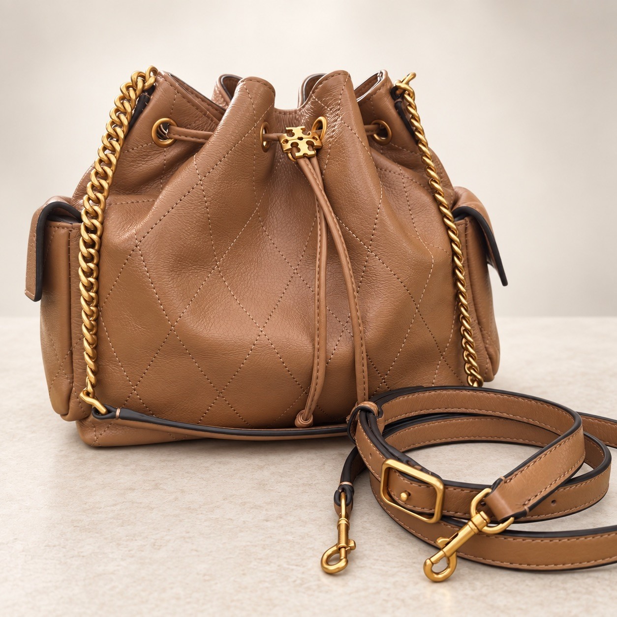 Tory Burch Charlie Quilted Pecan Leather Drawstring Bag NWT Authentic RARE