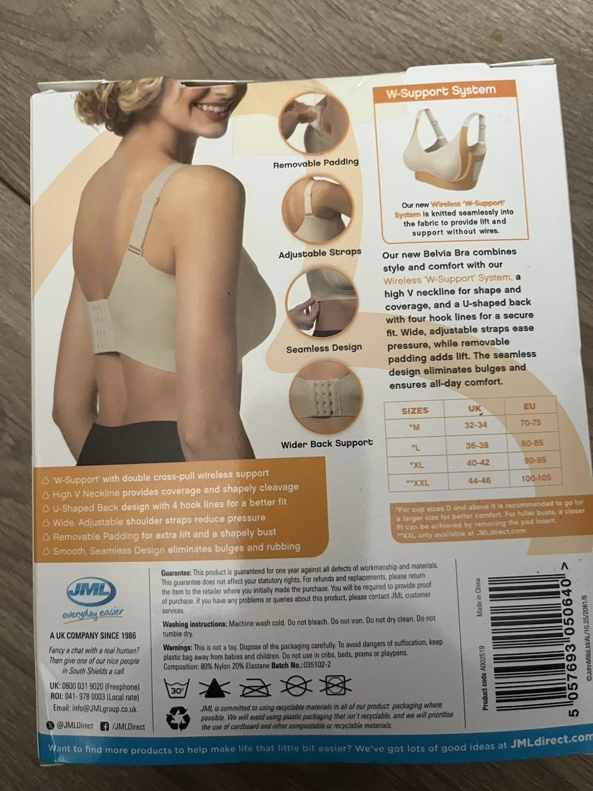 JML Belvia Seamless Comfort Bra Wireless W-Support Brand New Boxed L & XL