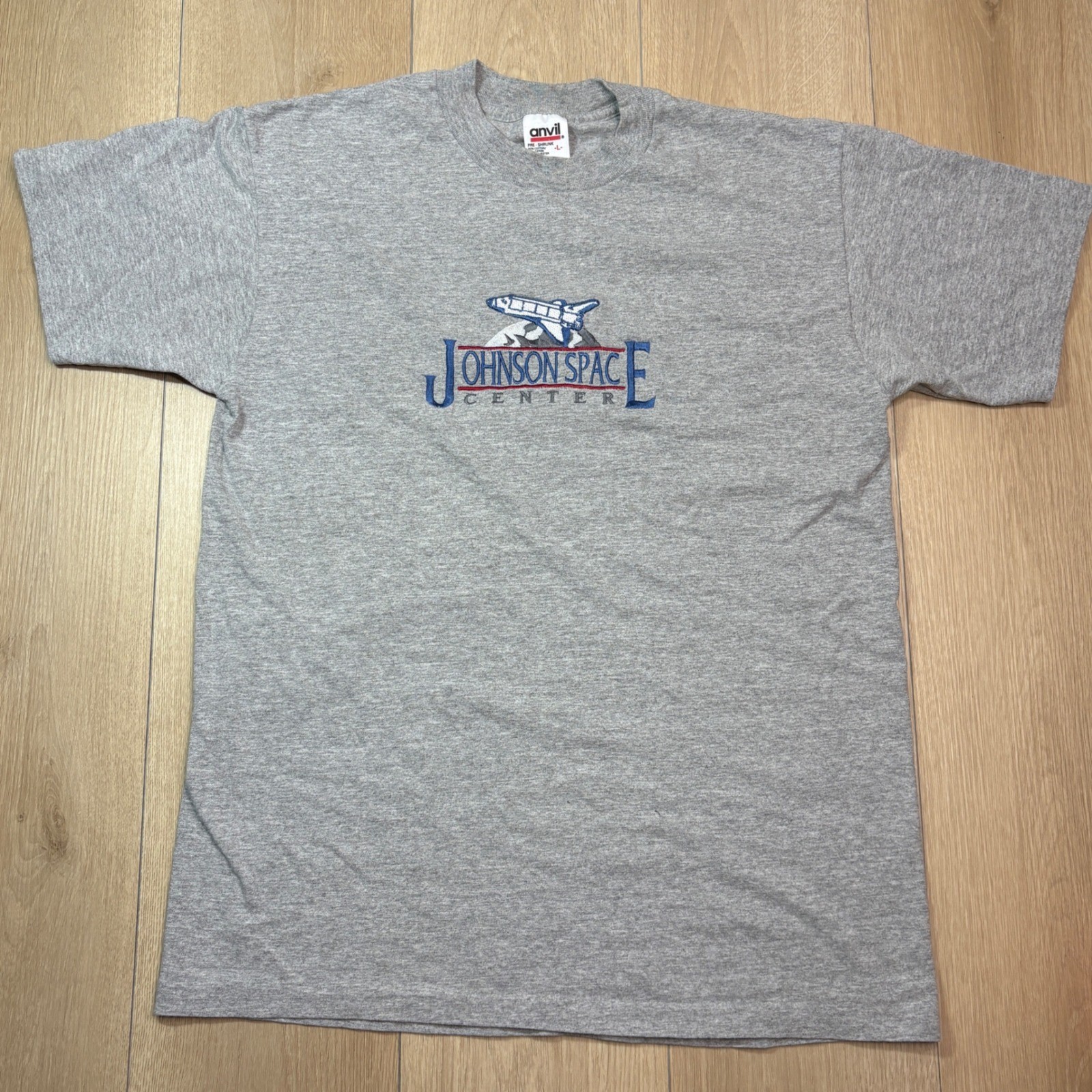 Vintage Anvil Johnson Space Center NASA T-Shirt Mens Large Gray Embroidered USA