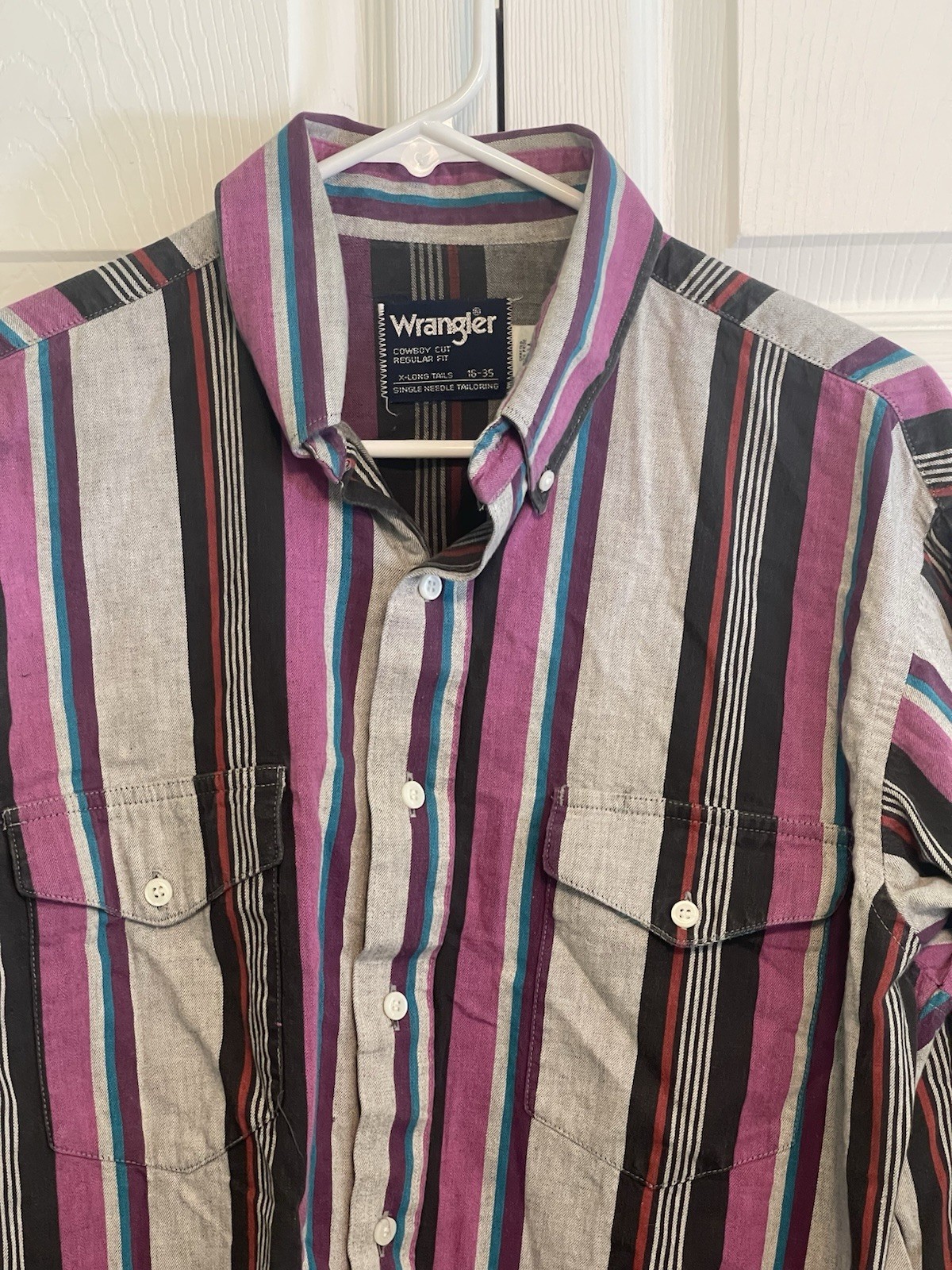 Vintage Wrangler Cowboy Cut Brushpopper Long Tails Shirt Men’s Large Striped USA