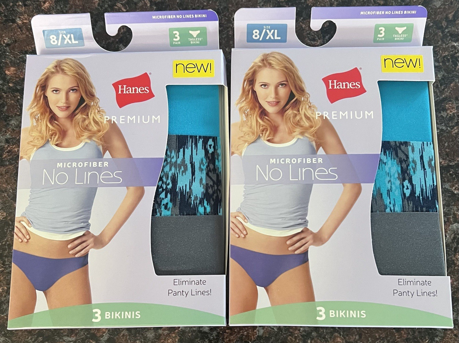 2pk-Hanes Microfiber No Lines Bikinis Size 8/XL Turquoise & Grey 2x3=6pc