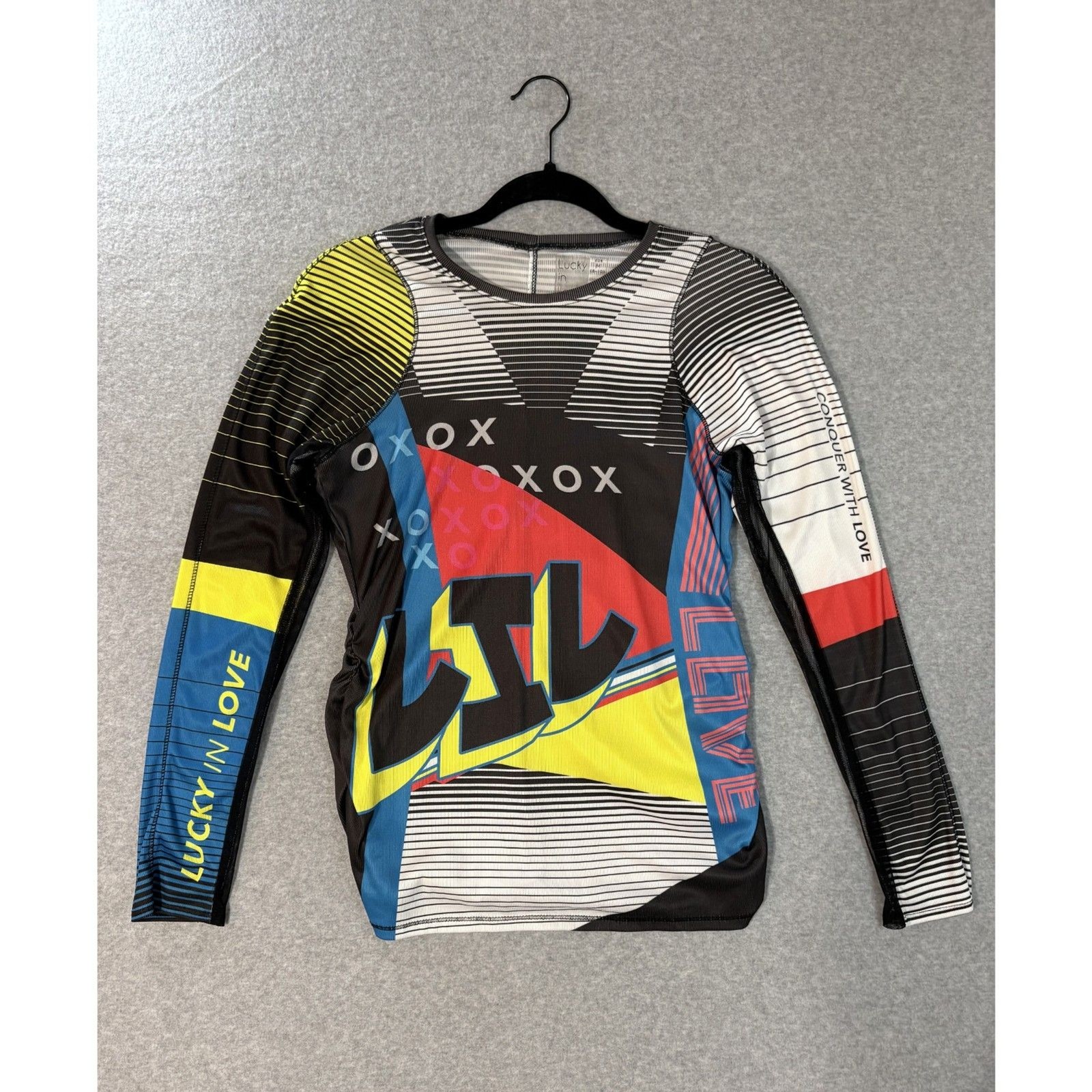 Lucky In Love Womens M Long Sleeve Athletic Top Multicolor Graphic Tennis
