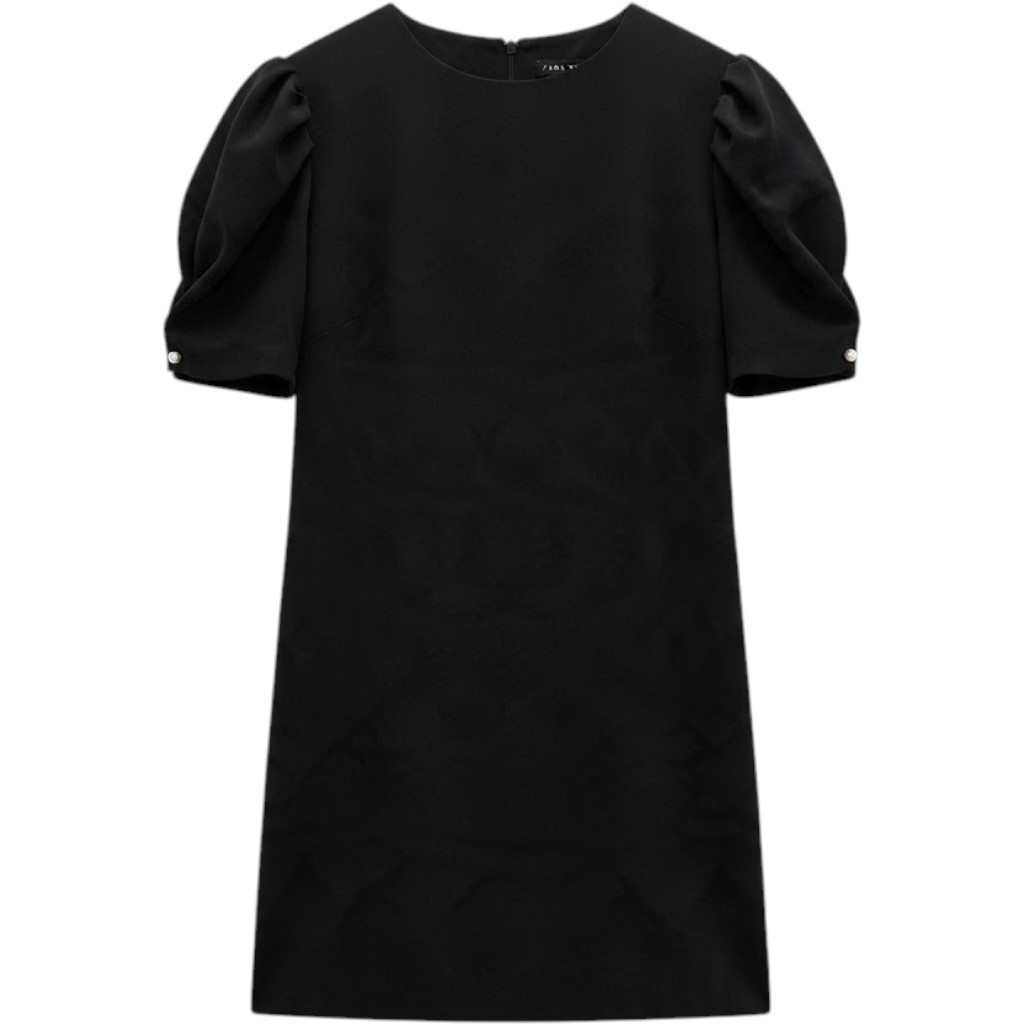 Zara Woman Black Puff Sleeve Pearl Button Mini Shift Dress 9775/042 L