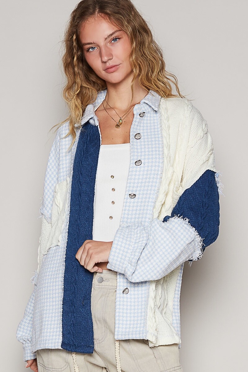 POL Clothing Women's Textured Cable Knit Jacket in Blue Cream