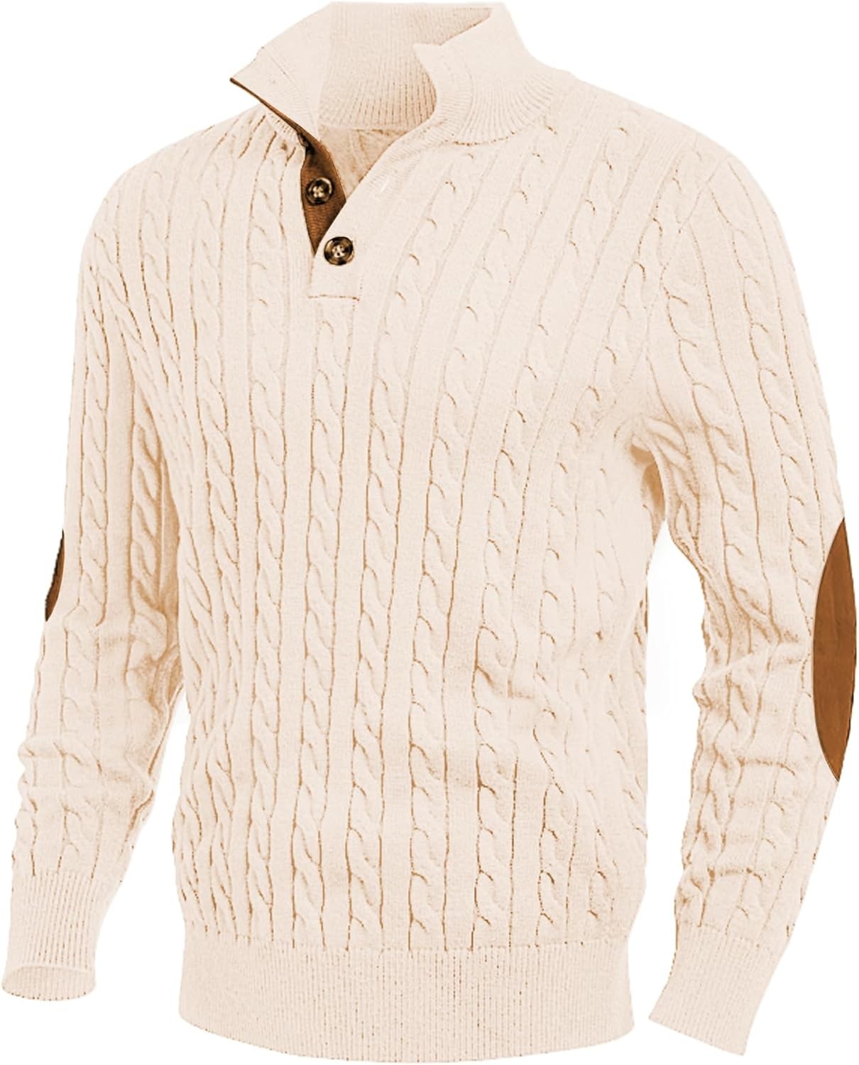 Men's Cable Knit Sweater Pullover Long Sleeve Stand Collar Button Casual Warm