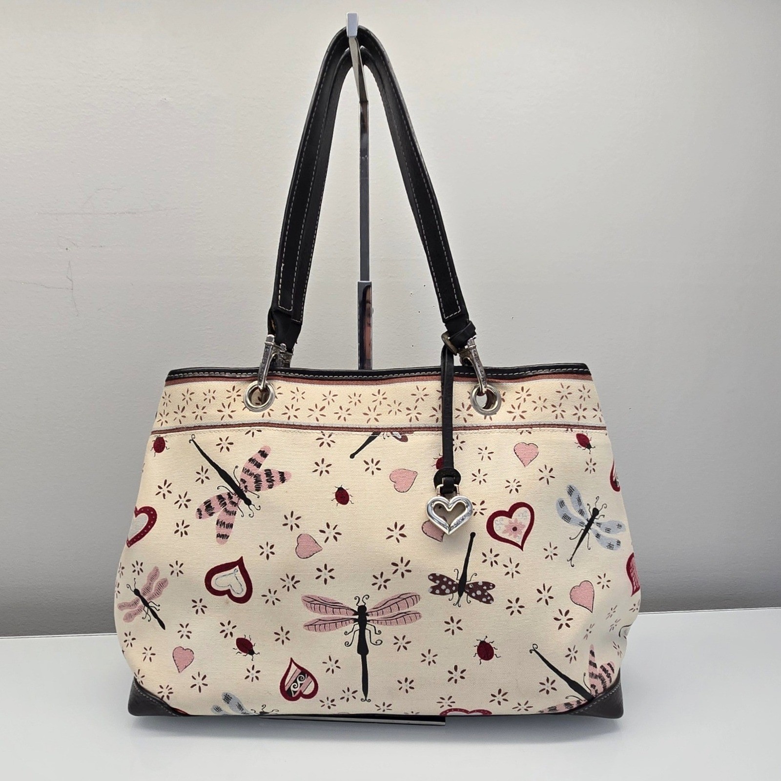 Brighton Lois Shopper Tote Bag Large Dragonfly Heart Ladybug Cotton Leather Trim