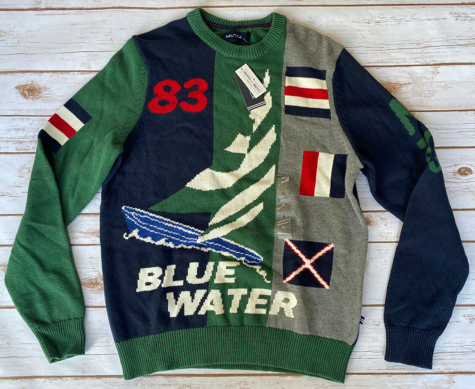 Nautica Intarsia \'83 Blue Water Exclusive Sweater Navy Green Mens Small New