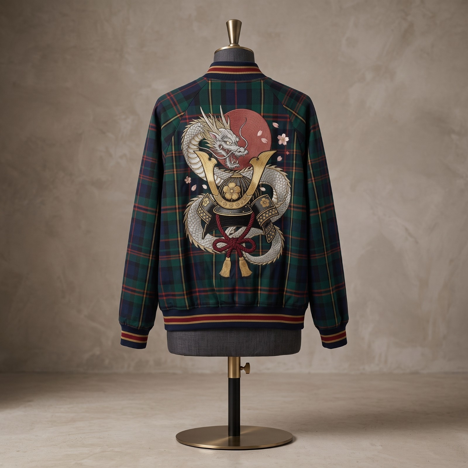 O\'Brien Tartan Dragon Samurai Sukajan Japanese Embroidered Bomber Jacket