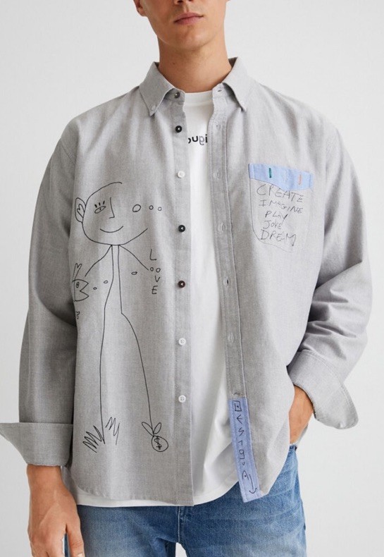 Desigual Shirt Mens M Graphic and hand-drawn Lettering Long Sleeve Button Up