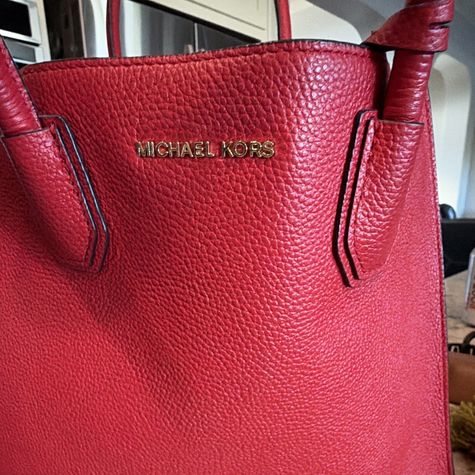 Michael Kors Jet Set Red Pebbled Leather Tote Zip Top Detachable Strap
