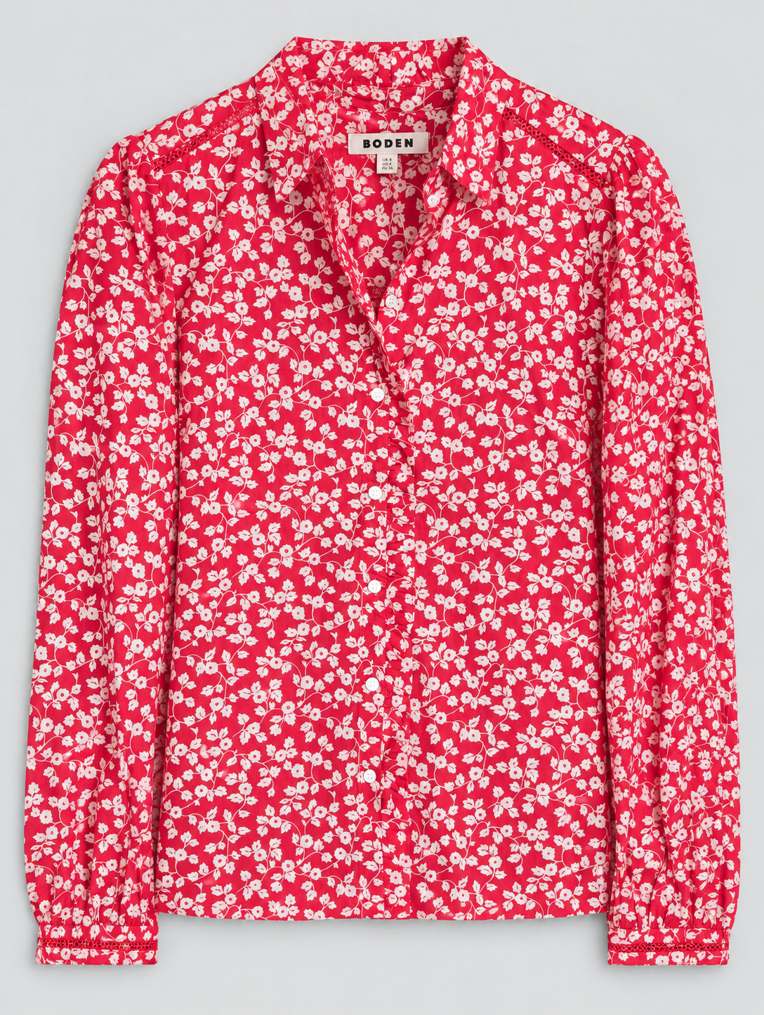 Boden Helena Cotton Top Womens US 4 UK 8 Red White Floral Lace T1907 NWT