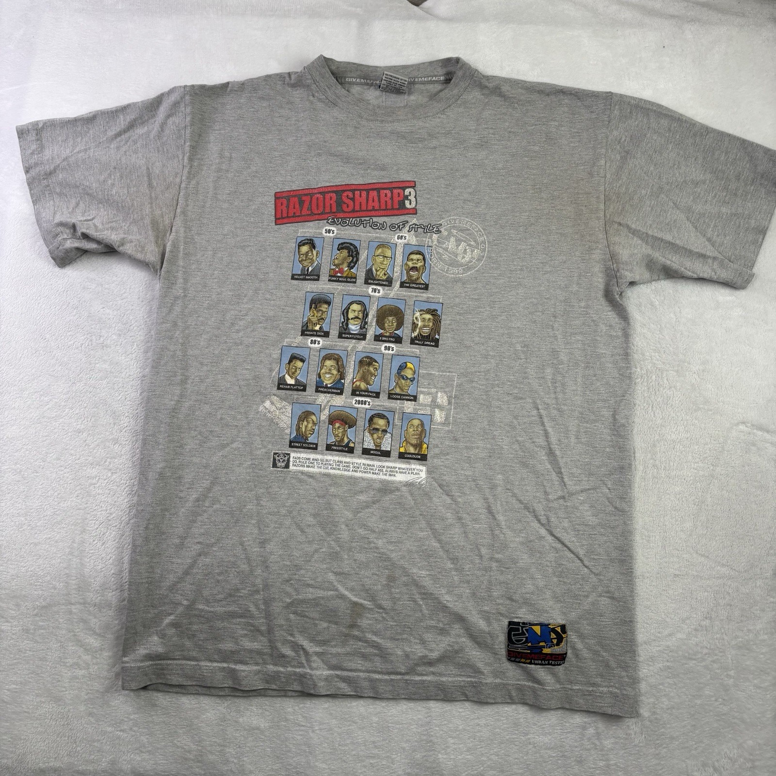 VTG Give Me Face Razor Sharp 3 Barbershop Cuts Grey Shirt Men\'s XL Stains