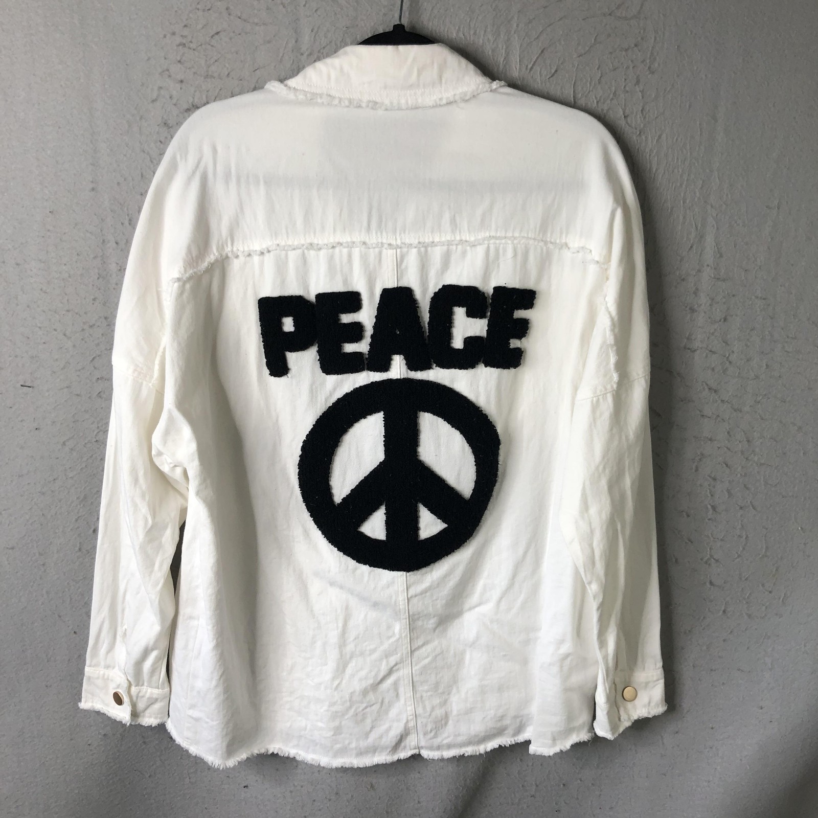Davi&Dani Jacket Womens S White Peace Sign Chenille Back Twill Hippie Boho