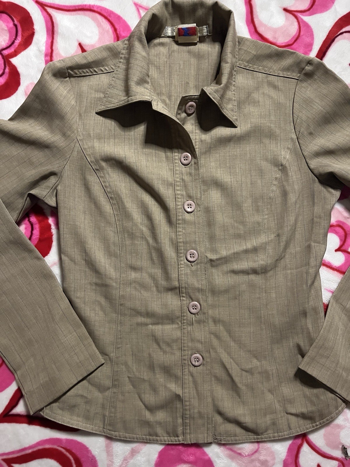 Vintage La Belle Womens Size 3 Tan Pinstripe Fitted Blouse Made USA Y2K