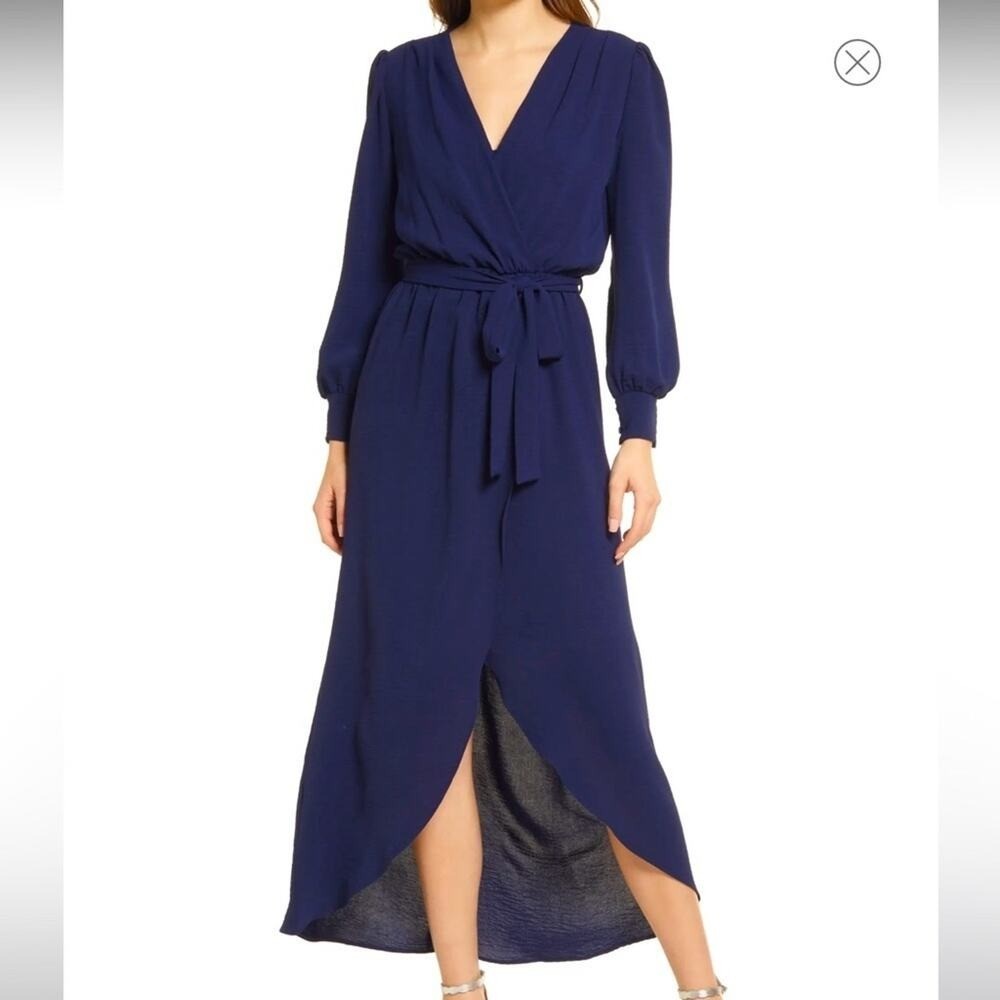 Fraiche by J Navy Blue Faux Wrap Maxi Dress Puff Sleeve Tulip Hem New M FD3611