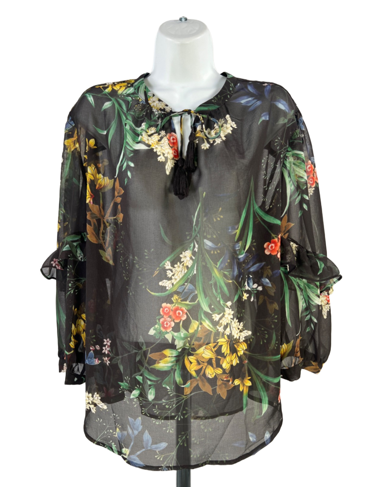Chico\'s Women\'s Black Floral Semi-Sheer Floral Ruffle Sleeve Blouse - 2/US 12