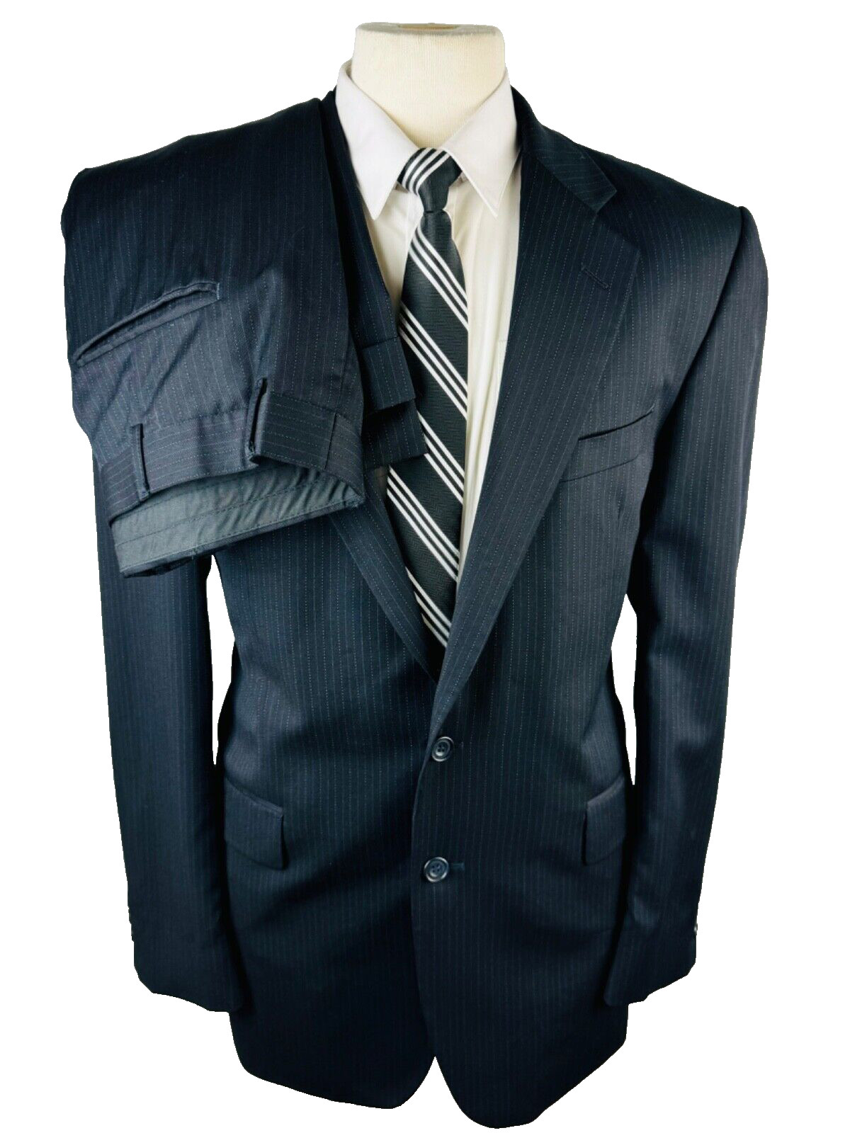 ALEXANDRE LONDON MENS 42L NAVY STRIPE USA SOFT WOOL 2 PIECE SUIT W/ PANTS 36X31