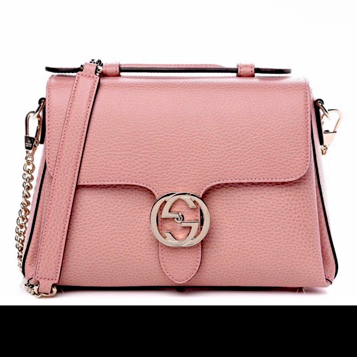 Gucci Pink Pebbled Logo Crossbody Bag with Chain Strap, Silver Hardware