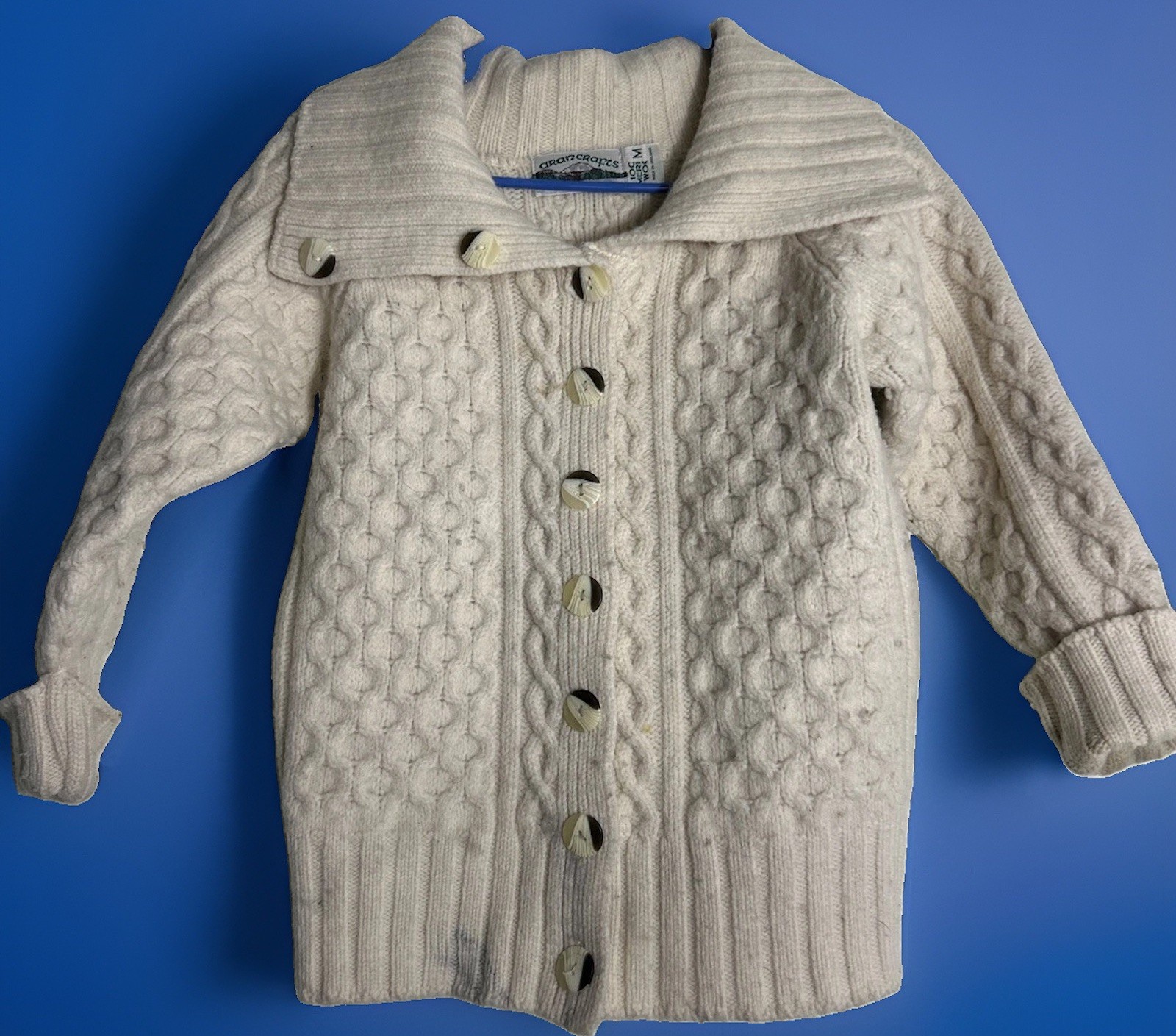Vintage Aran Crafts Ireland Womens Medium Button Cardigan Knit Wool Stains Ivory