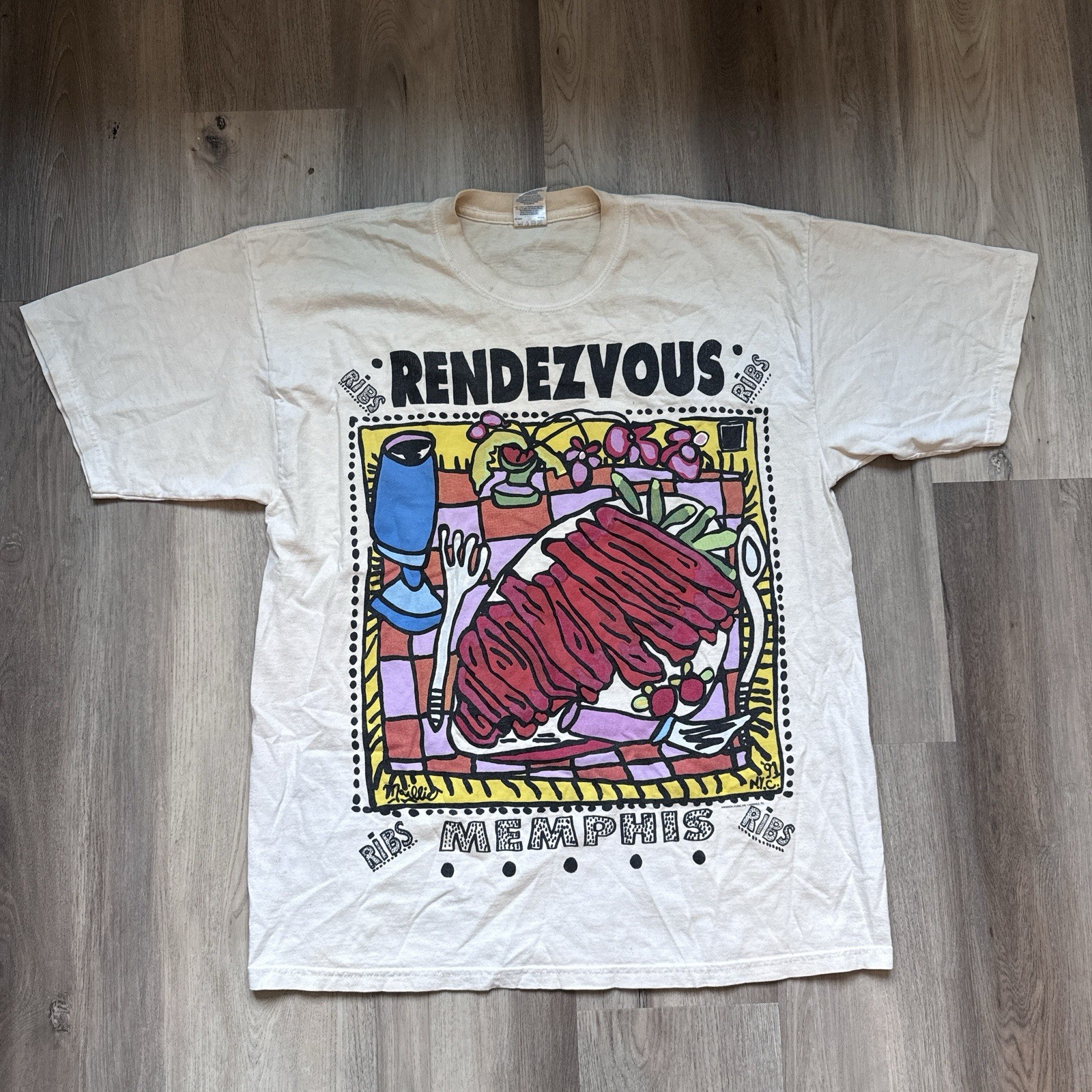 Vintage Rendezvous Memphis Ribs Pop Magazine Rare Crazy Art 1991 T-Shirt SIZE XL