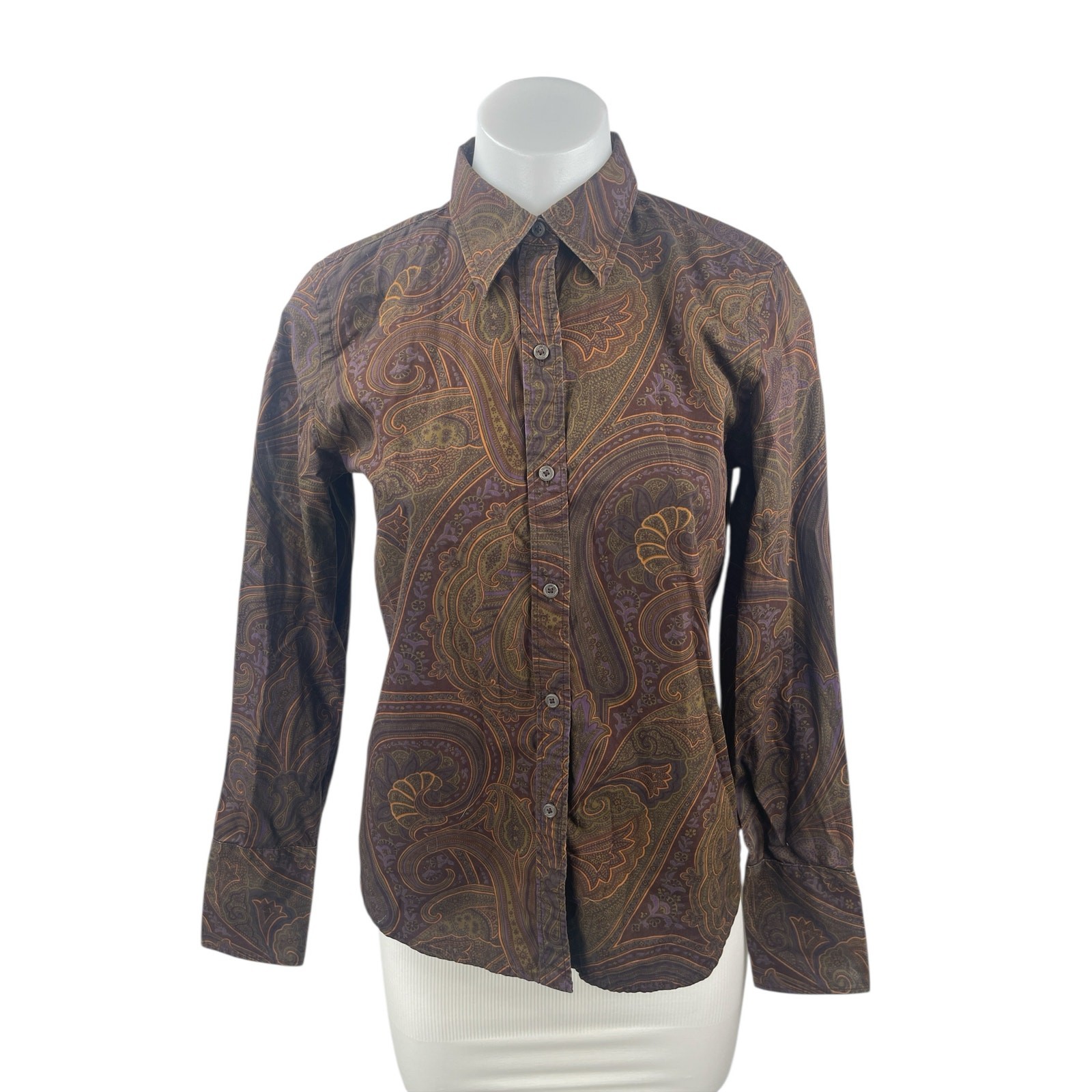 Ralph Lauren Chaps Women\'s Brown Paisley Long Sleeve Button Down Shirt Top Sz S