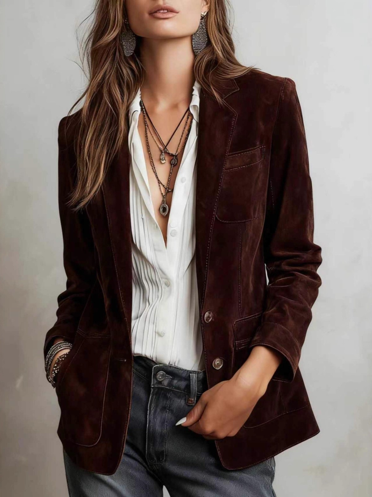 Women's Burgundy Faux Suede Blazer Long Sleeve Button Front Slim Fit