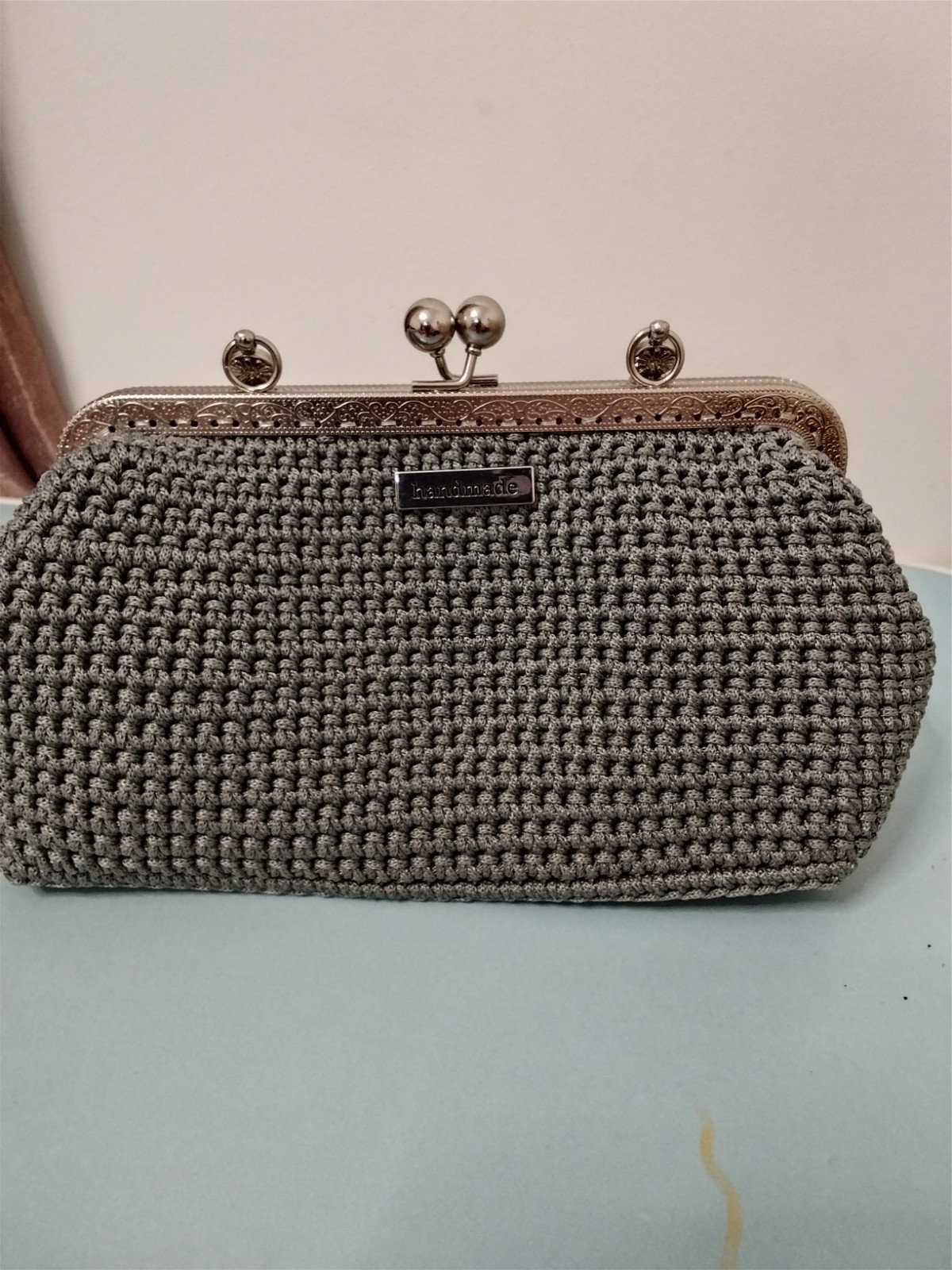Handmade Crochet Vintage Clutch Purse Metal Kiss Lock Frame Evening Bag Grey