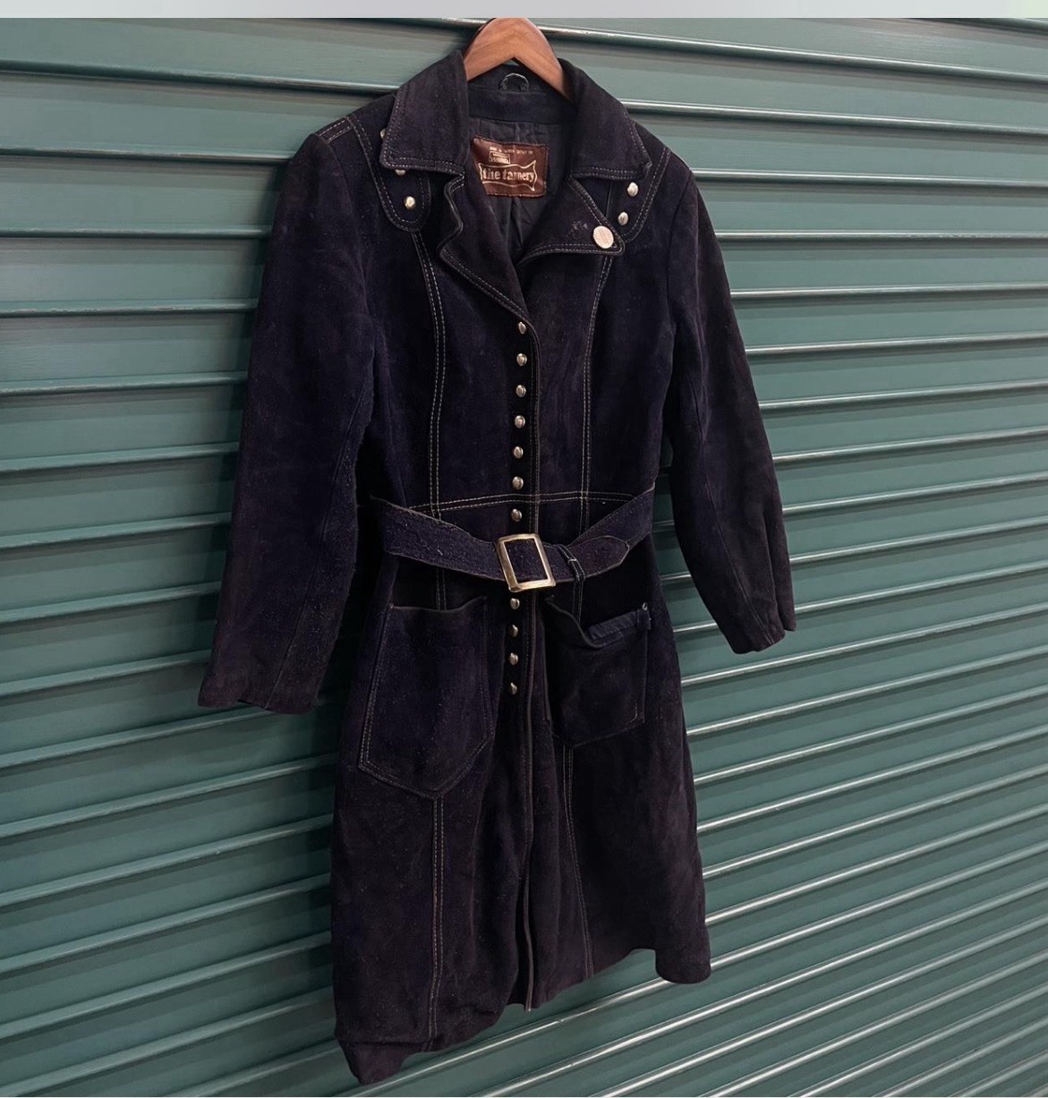 True Vintage 1960s The Tannery Navy Studded Belted Suede Trench