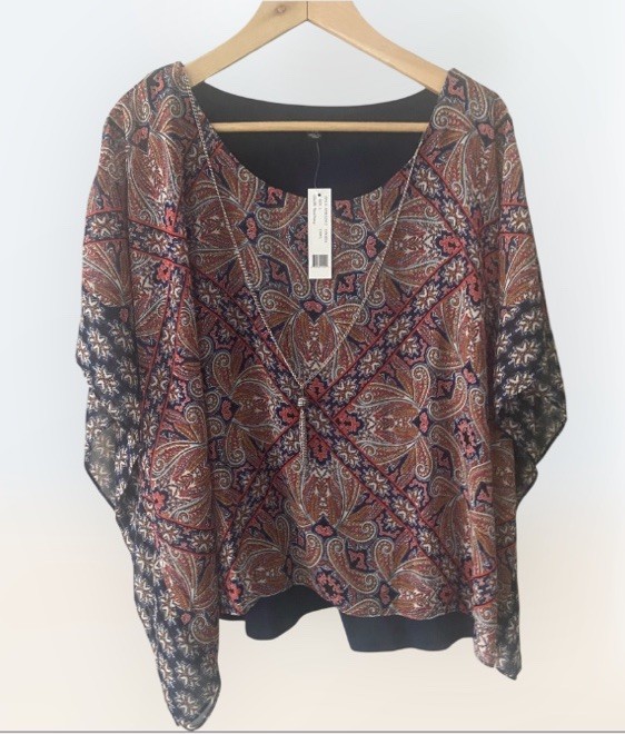 NEW Zac & Rachel Woman L Kimono Sleeves Poncho Blouse + Necklace Boho Paisley