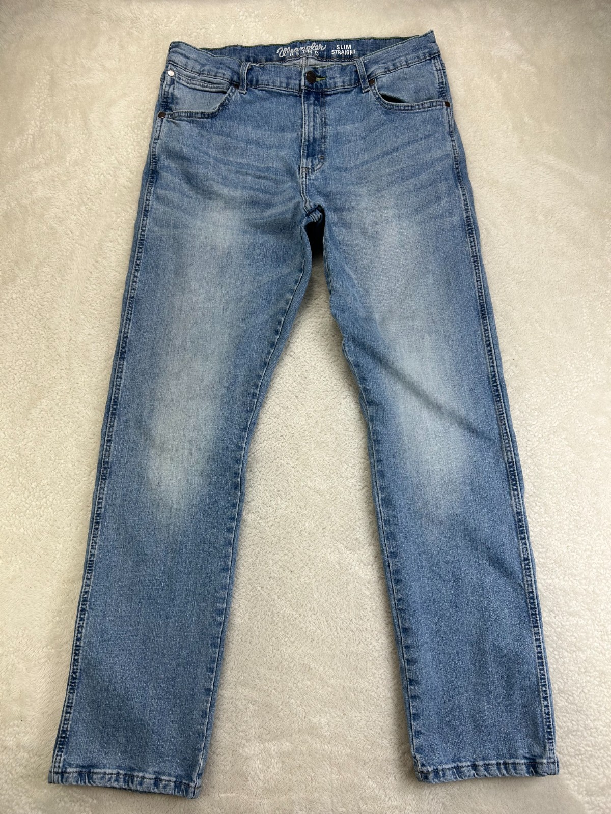 Wrangler Retro Slim Straight Jeans Mens 34x34 Light Blue Denim Western Farm Fade