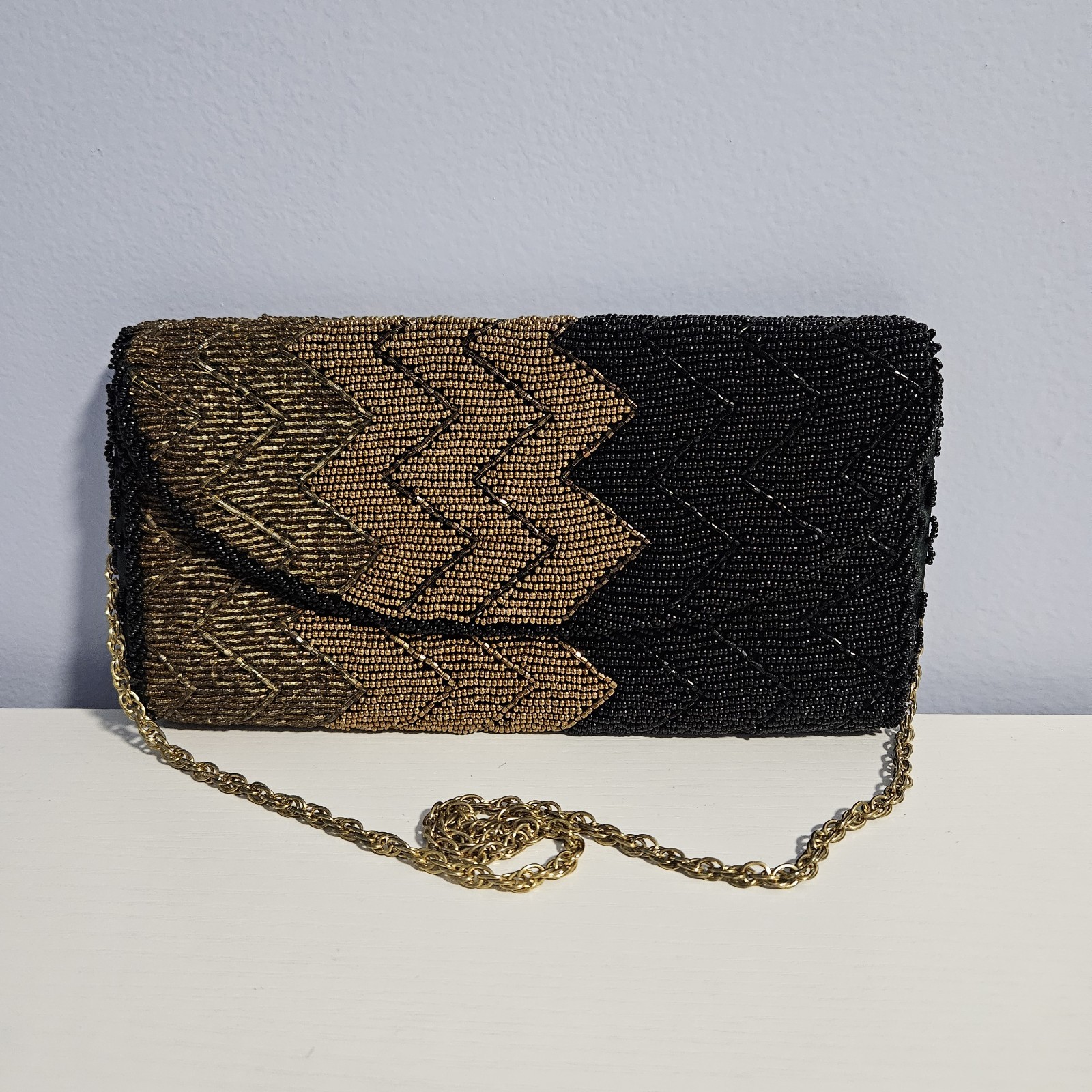 Vintage 1960s MISTER ERNEST Black & Gold Beaded Clutch Shoulder Bag Chevron