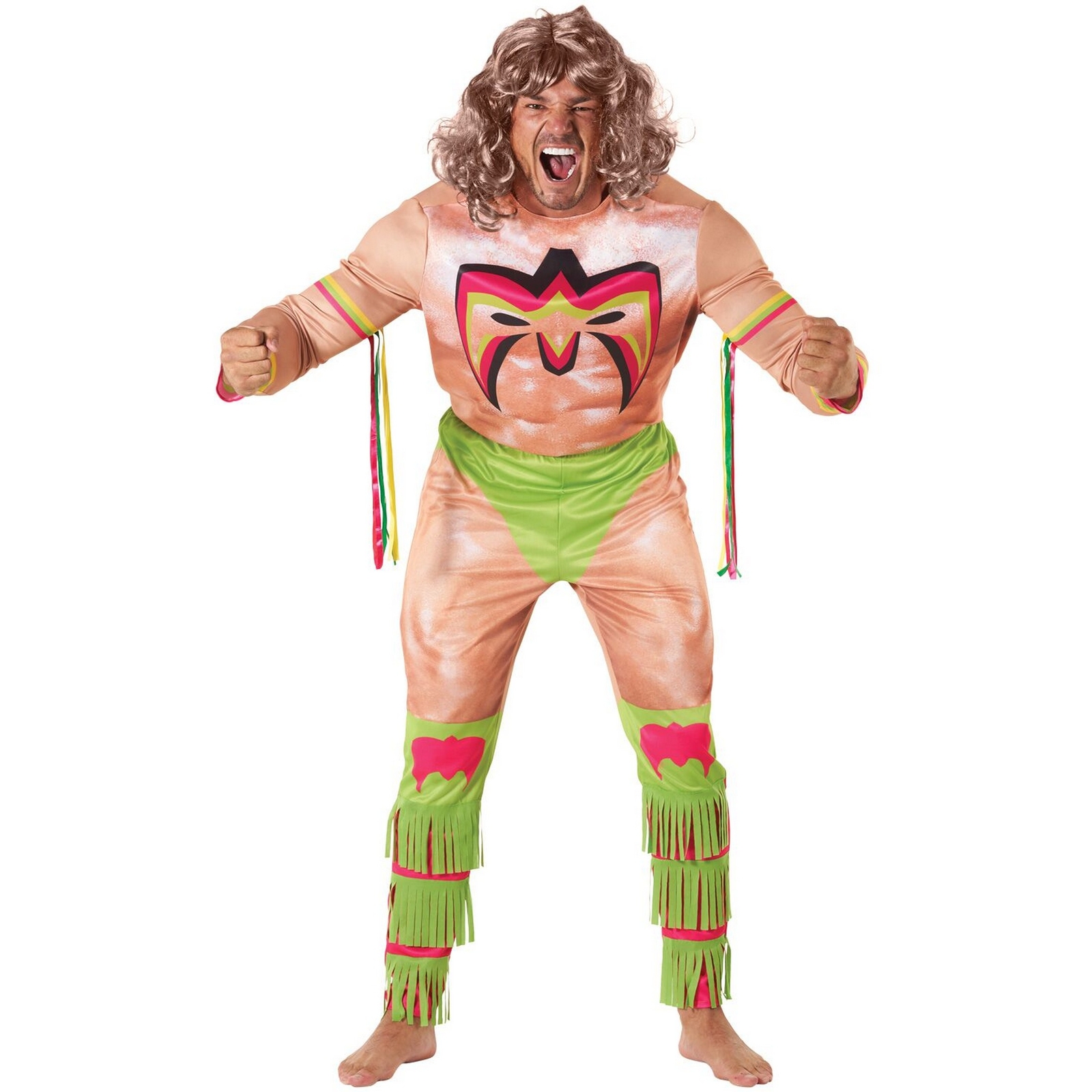 Men`s Official WWE Ultimate Warrior Costume + Wig Adult Wrestling Suit Halloween