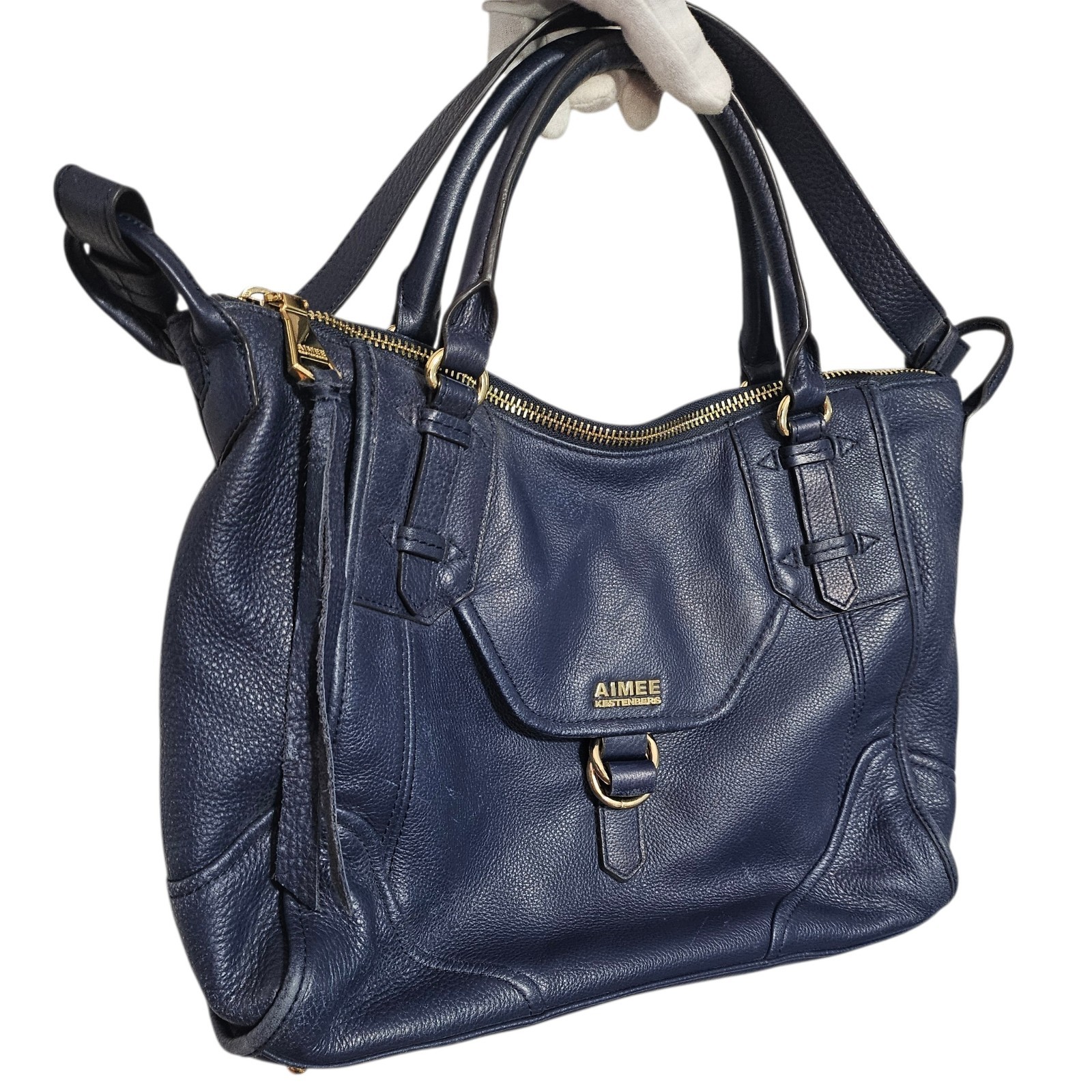 Aimee Kestenberg Blue Pebbled Leather Satchel Top Handle Detachable Strap *Clean