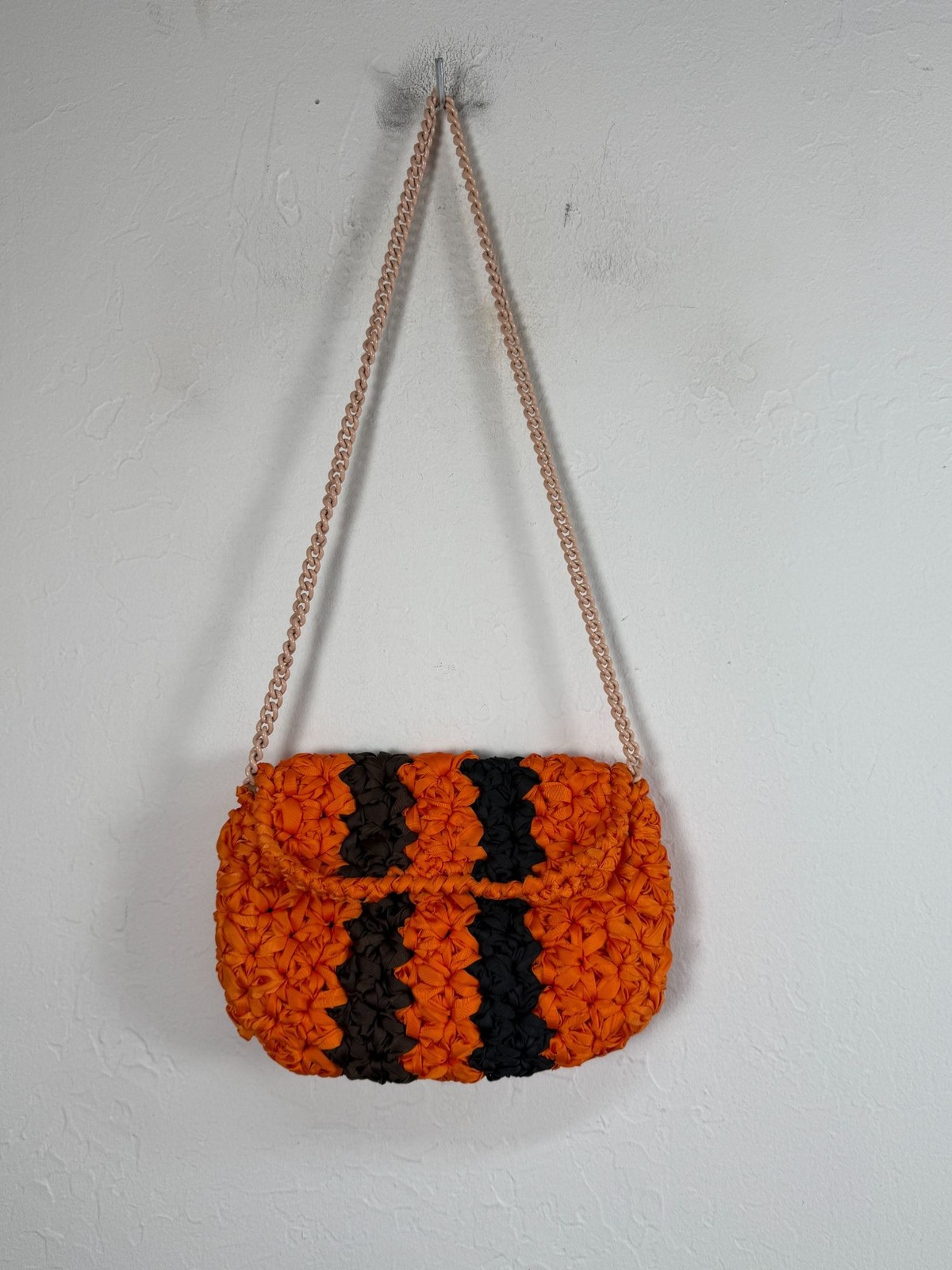 Maria La Rosa Made in Italy Ribbon Crochet Bag Orange Black Chain Strap