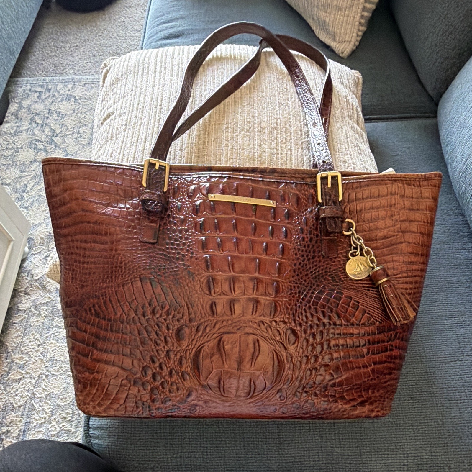 Brahmin Pecan Brown  Melbourne Croc Leather Tote Shoulder Bag 