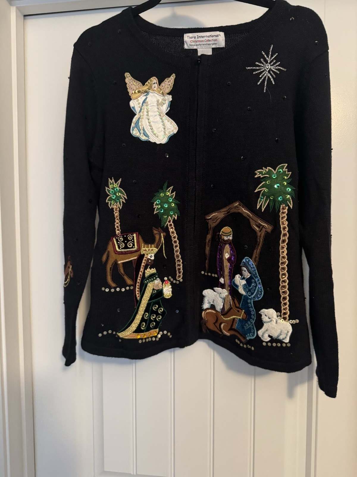 Vtg Tiara International Nativity Scene Christmas Cardigan Sweater Black Sequin M