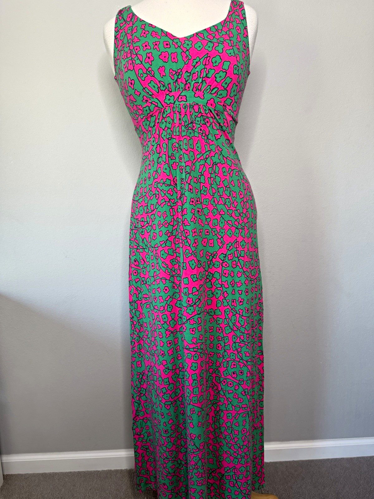 Boden Pink Green Floral Maxi Dress Sleeveless V-Neck Pullover Stretch 6