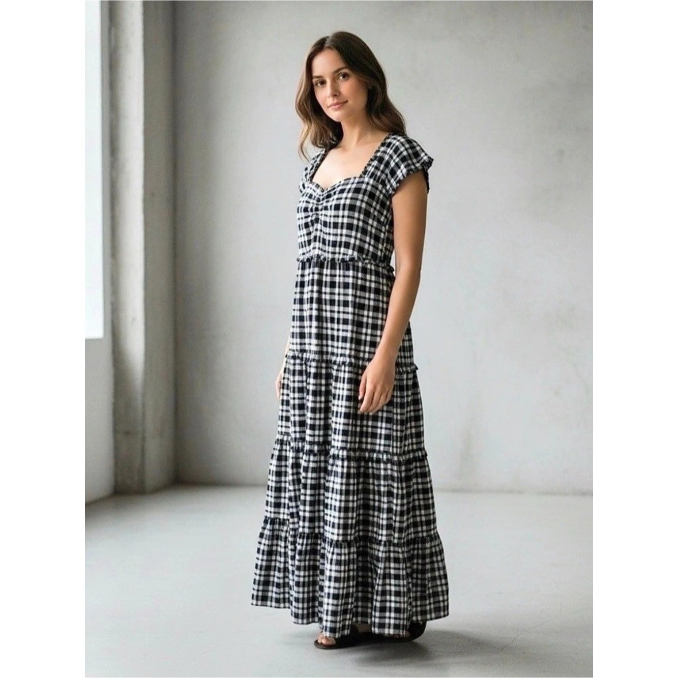 NWT THE GREAT. Plaid Cap Sleeve Tiered Dress Black Cream Check Sz 1 (S) Cotton