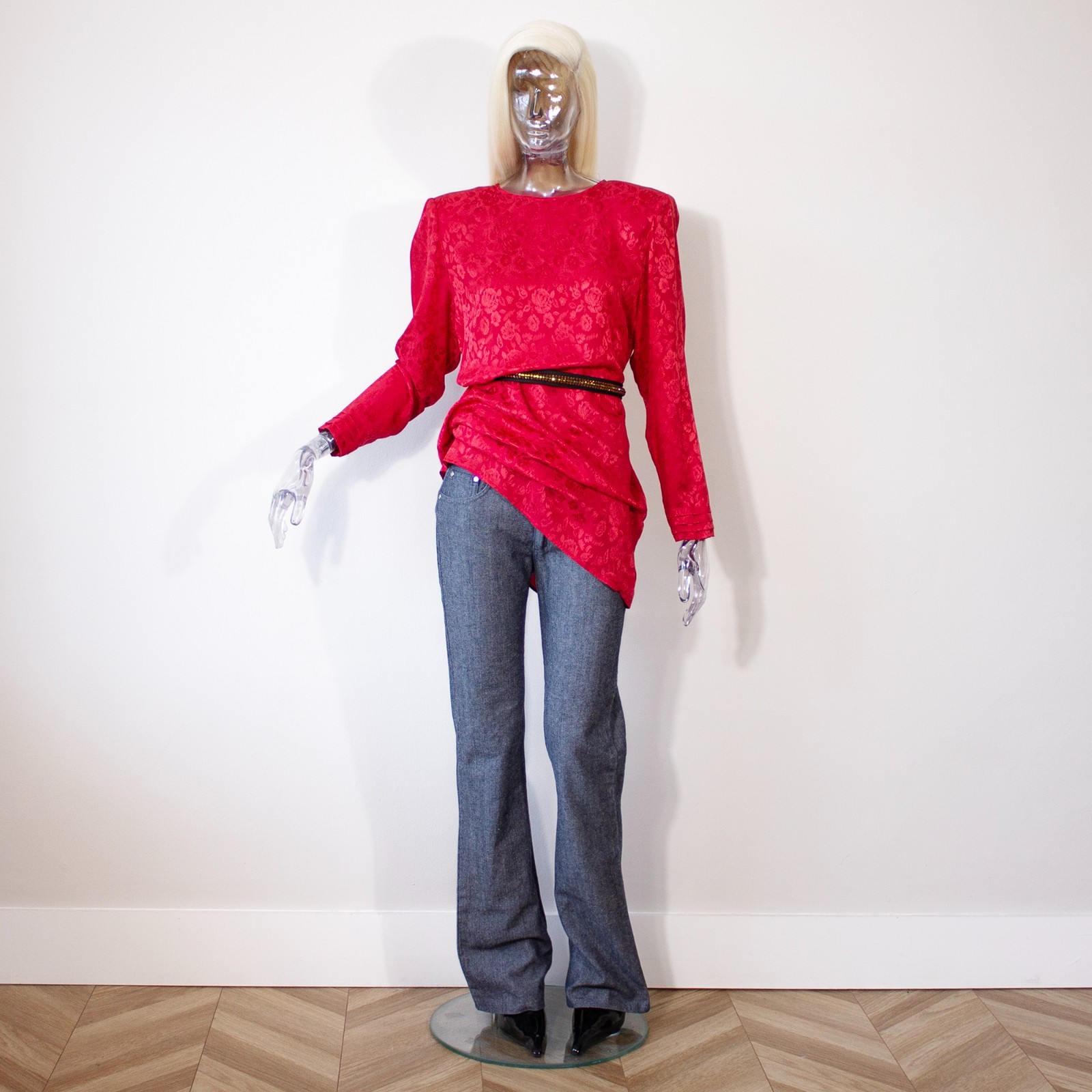 Vintage 1980s Valentino Crimson Silk Jacquard Floral Blouse Long Sleeves M-L