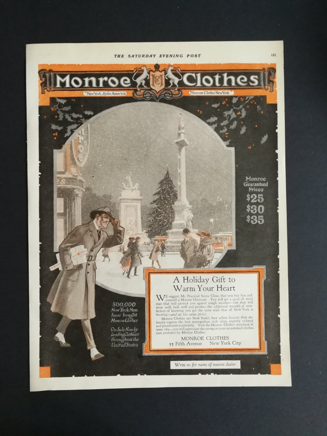 Vintage 1919 Monroe Clothes Print Ad Mens Overcoat Winter Saturday Evening Post