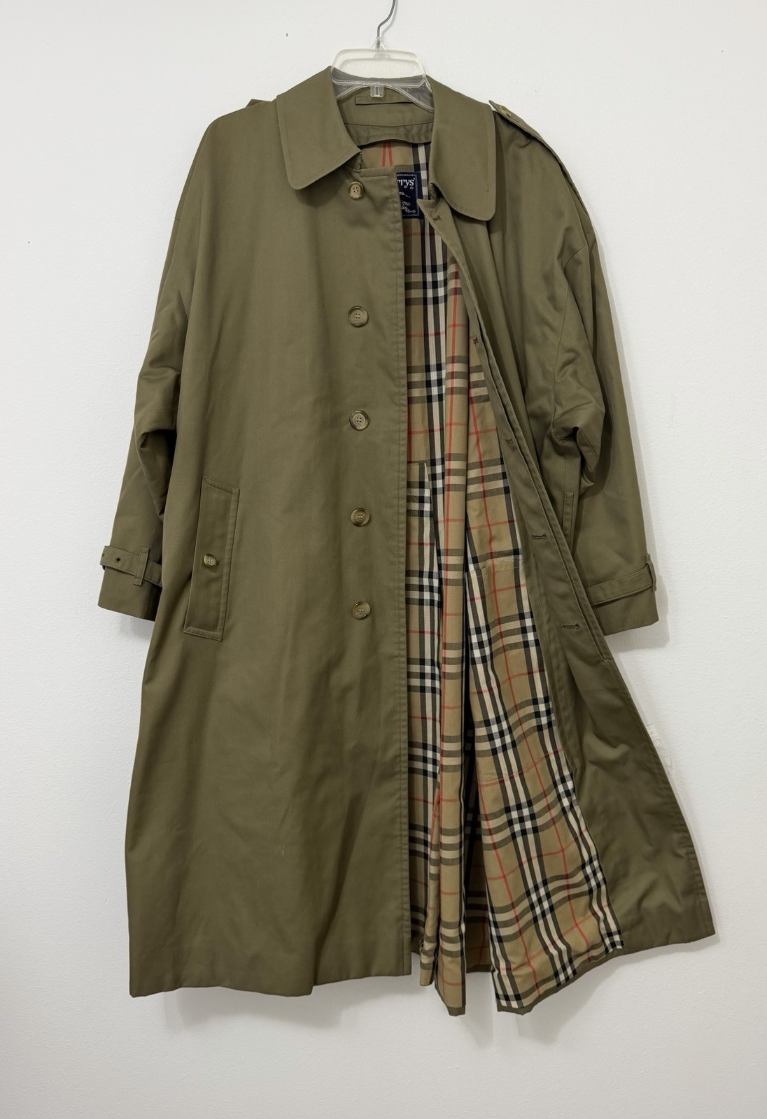 Vintage Burberrys Coat Mens XL Green Long Trench Wool Liner Nova Check Plaid
