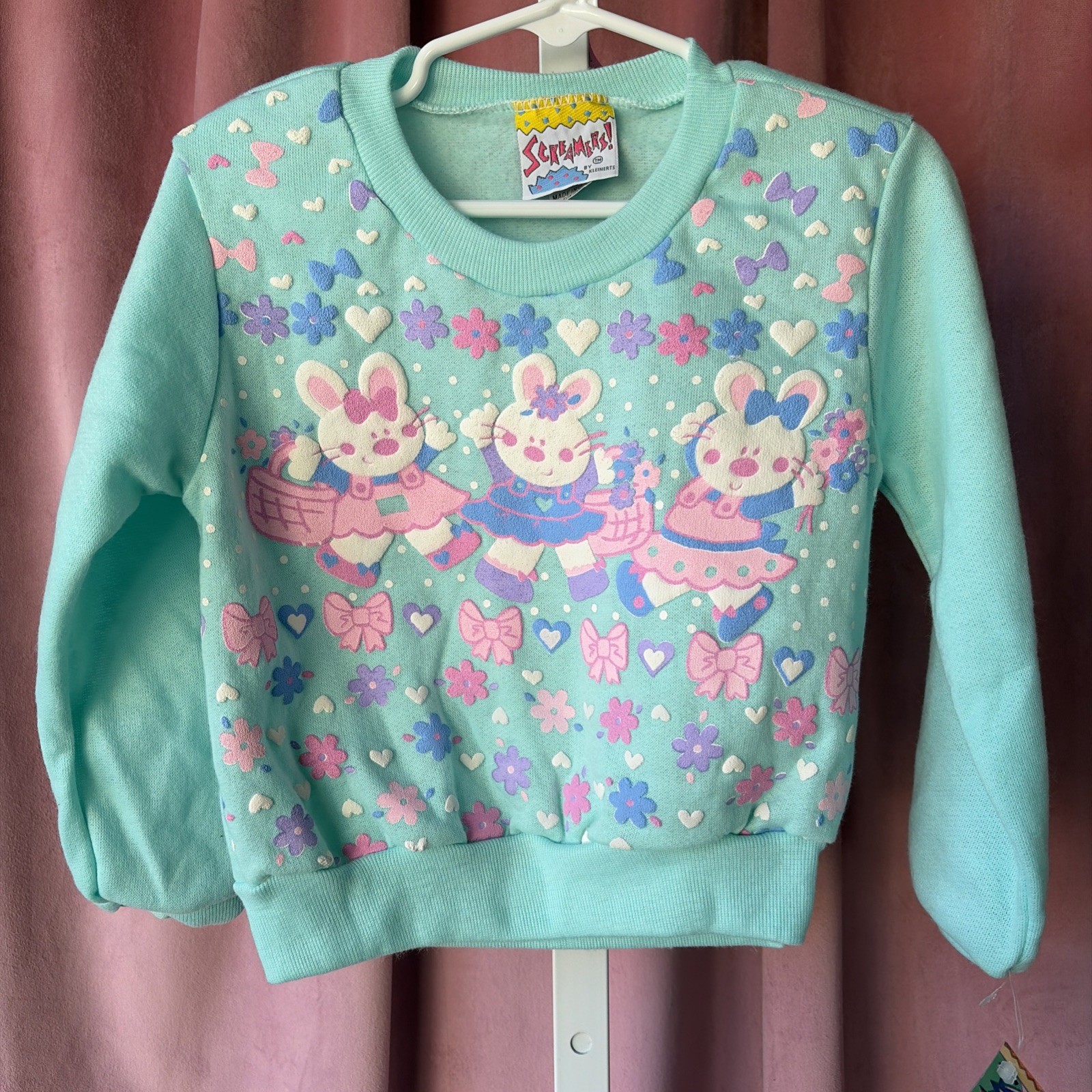 Vtg 80s 90s NWT AOP Bear Sweater Puffy Kawaii Floral Bows Bunnies - Size 5T