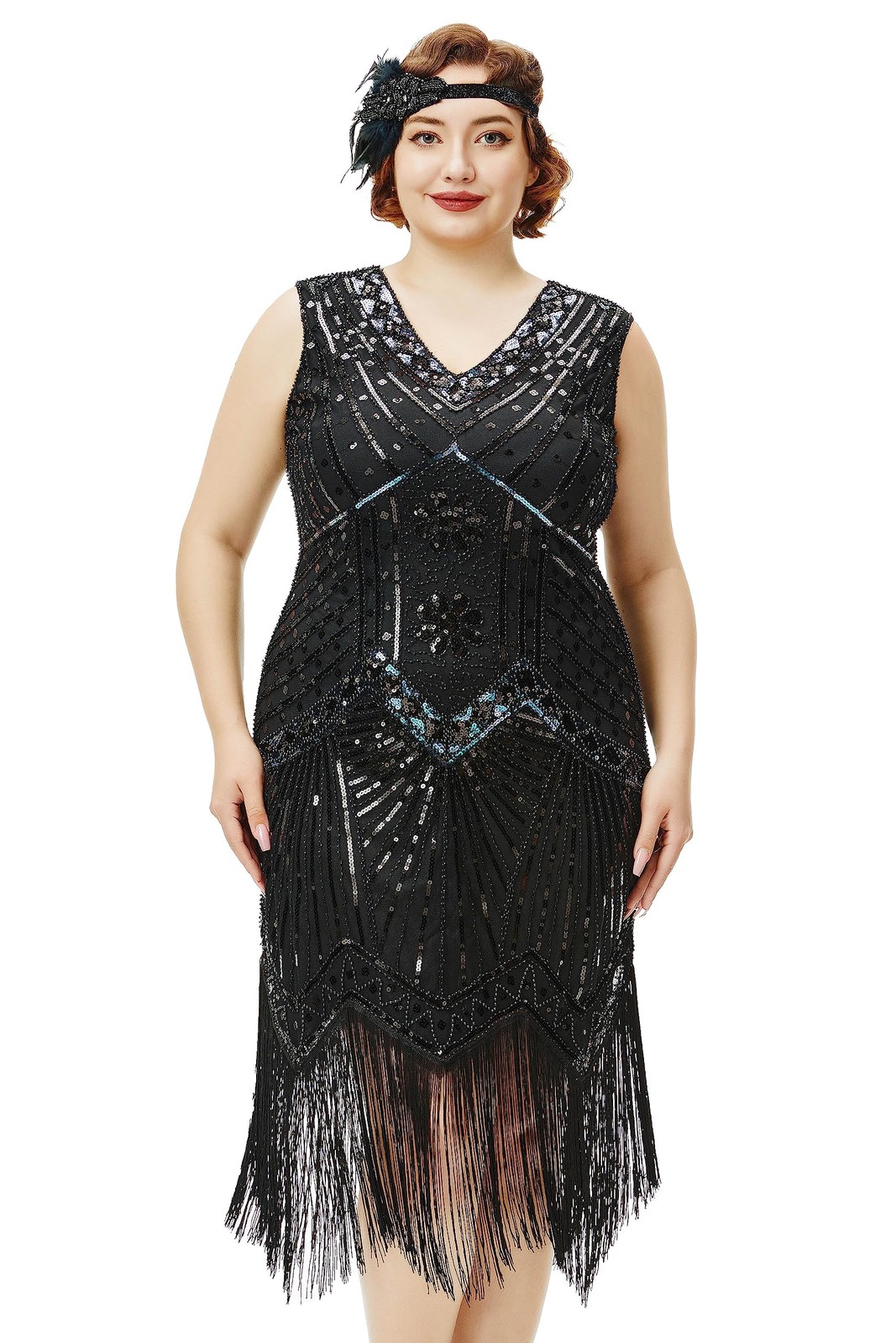 BABEYOND Women\'s Plus Size 1920s V Neck Beaded Fringed Great Gatsby Flapper