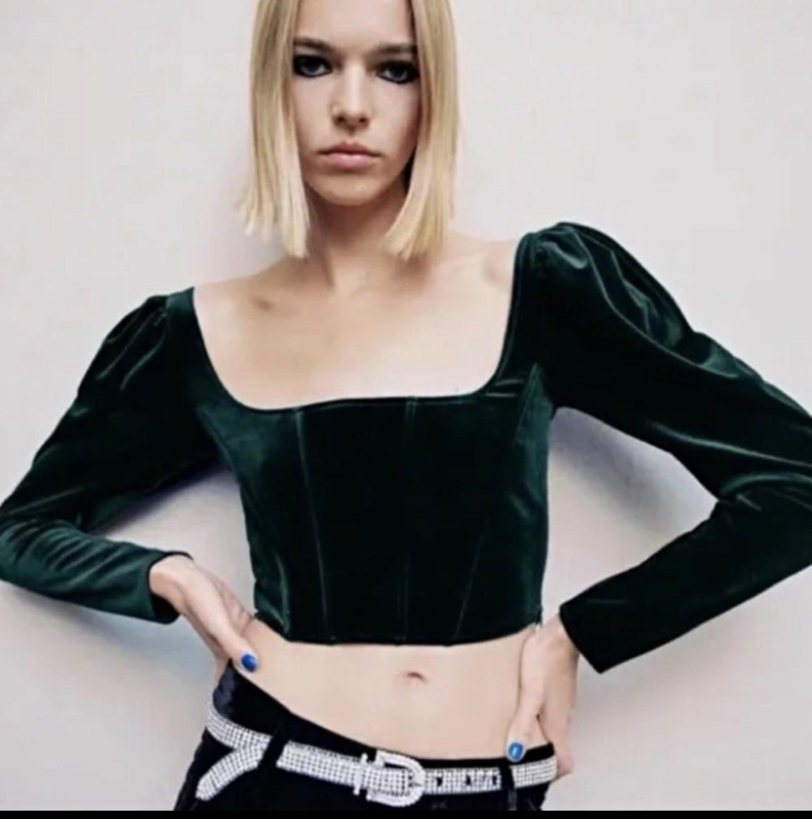 Zara Romantic Gothic Dark Teal Velvet Corset Square Neck Cropped Top S