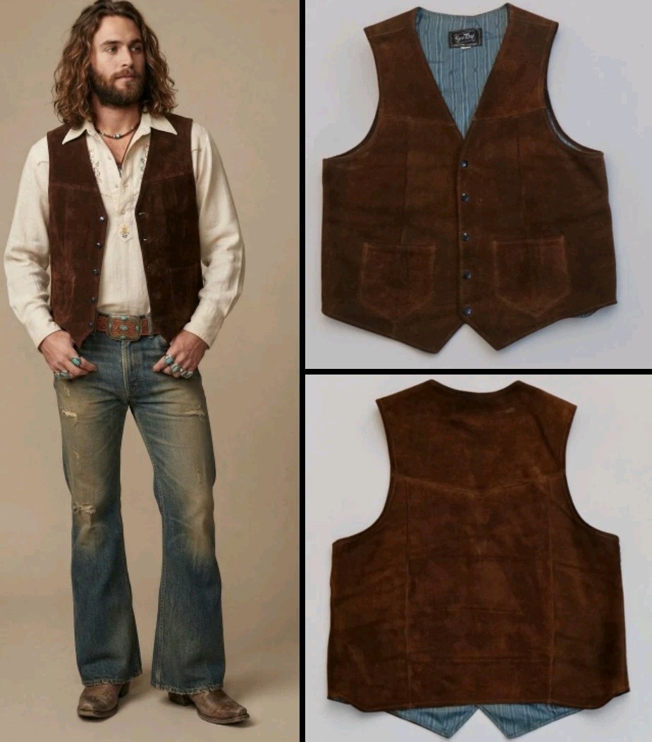 Vtg 70\'s Jo-O-Kay Men\'s Brown Suede Western Hippie Vest Size 42