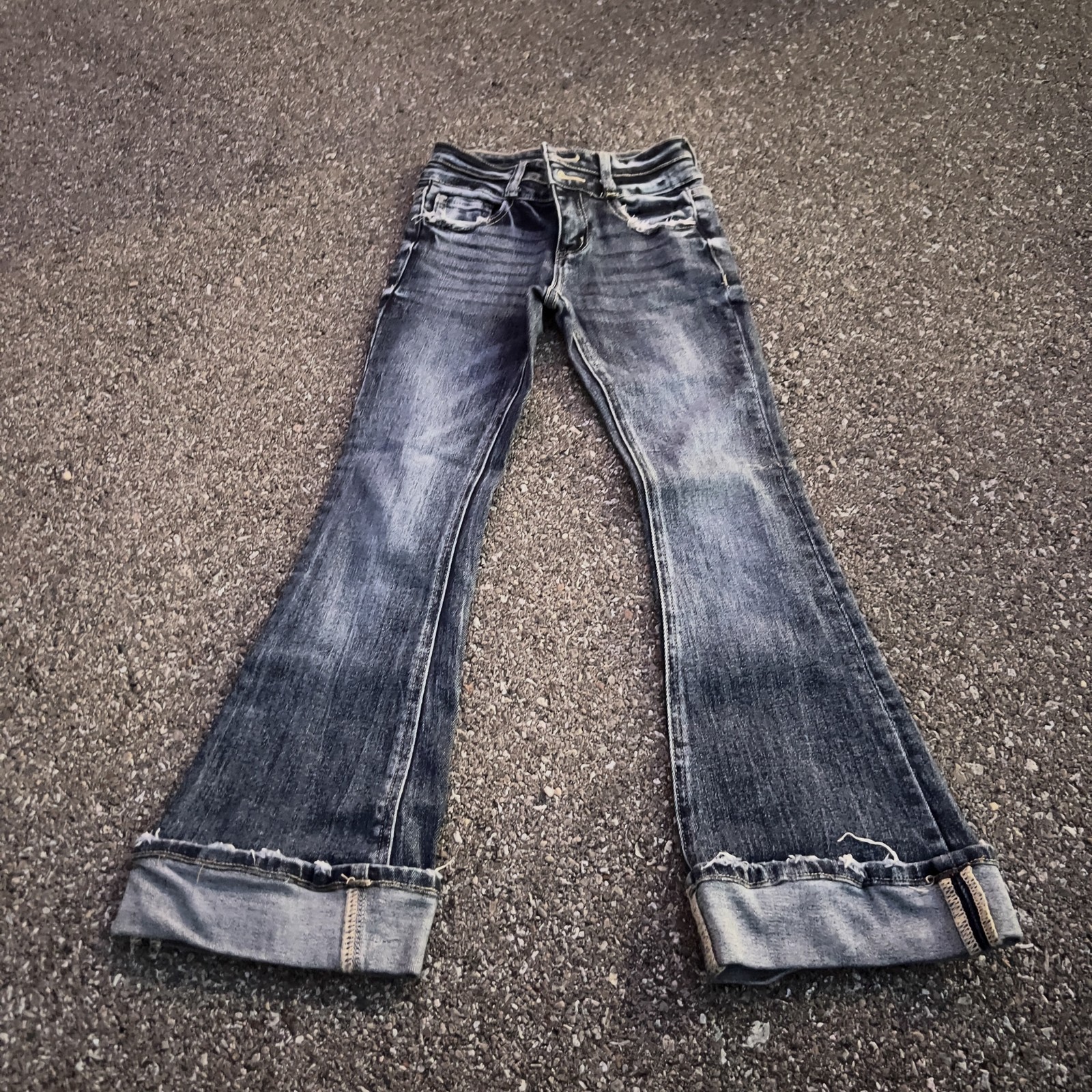 BKE Flare Jeans Womens 10 Blue Medium Wash Cuffed Distressed Stretch Denim