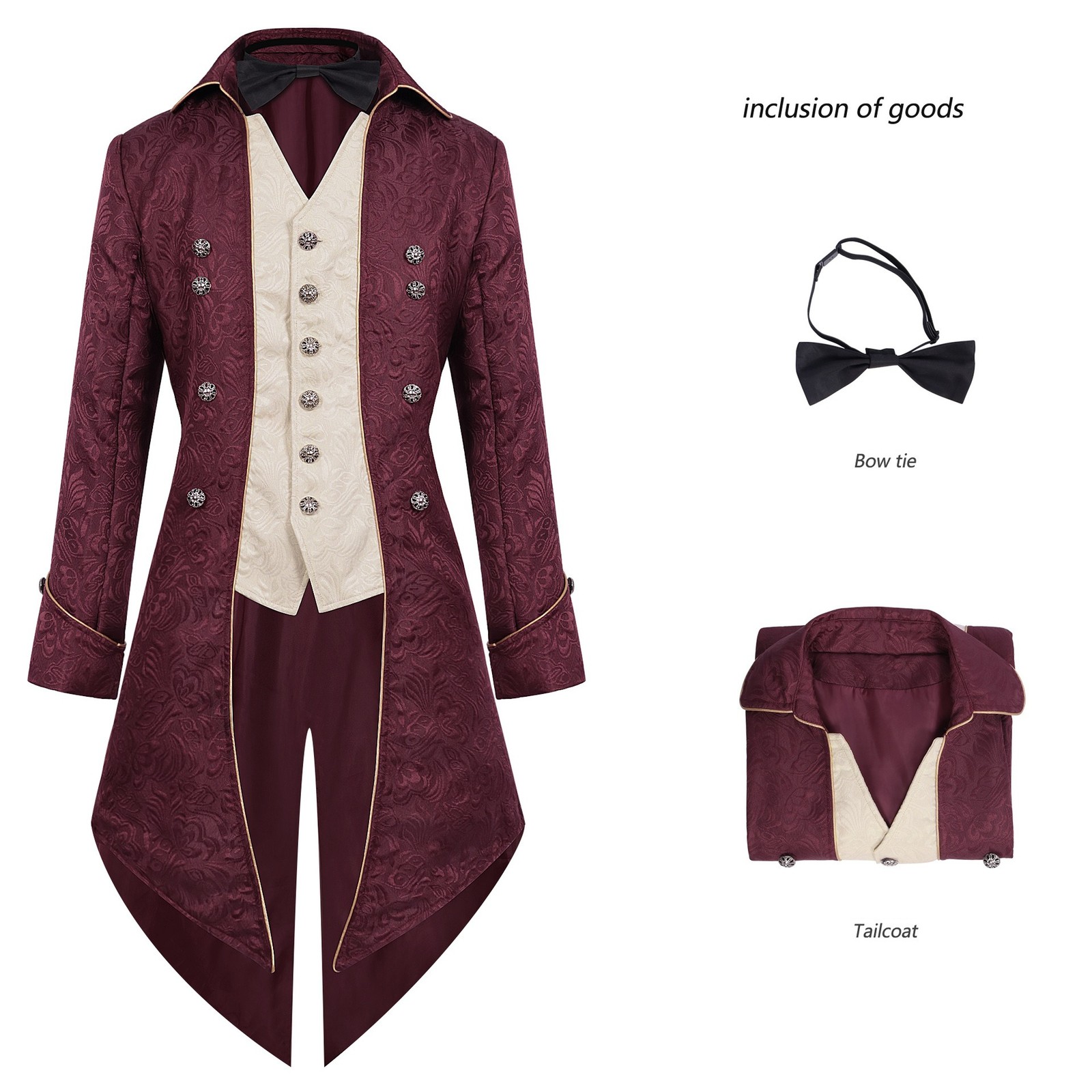 Men's Victorian Tailcoat Steampunk Gothic Costume Jacket Bow Tie S-3XL 