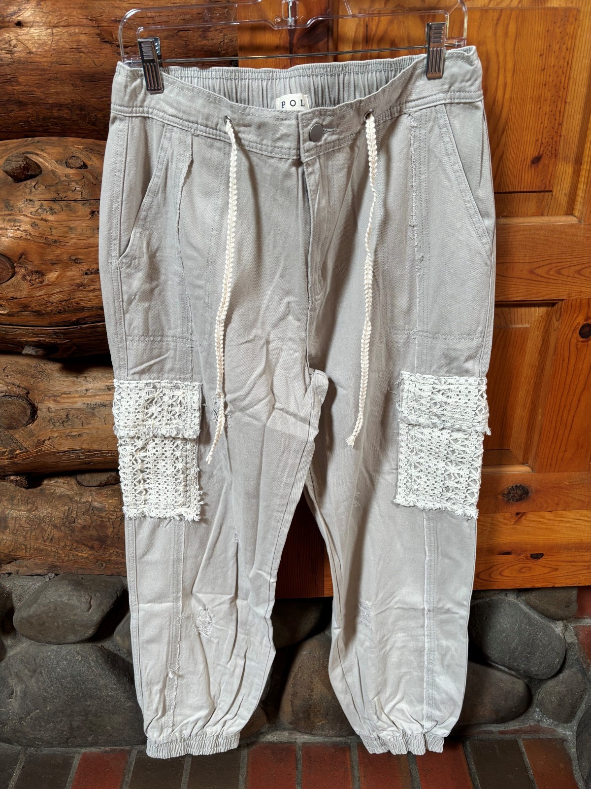 New NWOT POL boho distressed jogger pants pockets crochet drawstring size Small