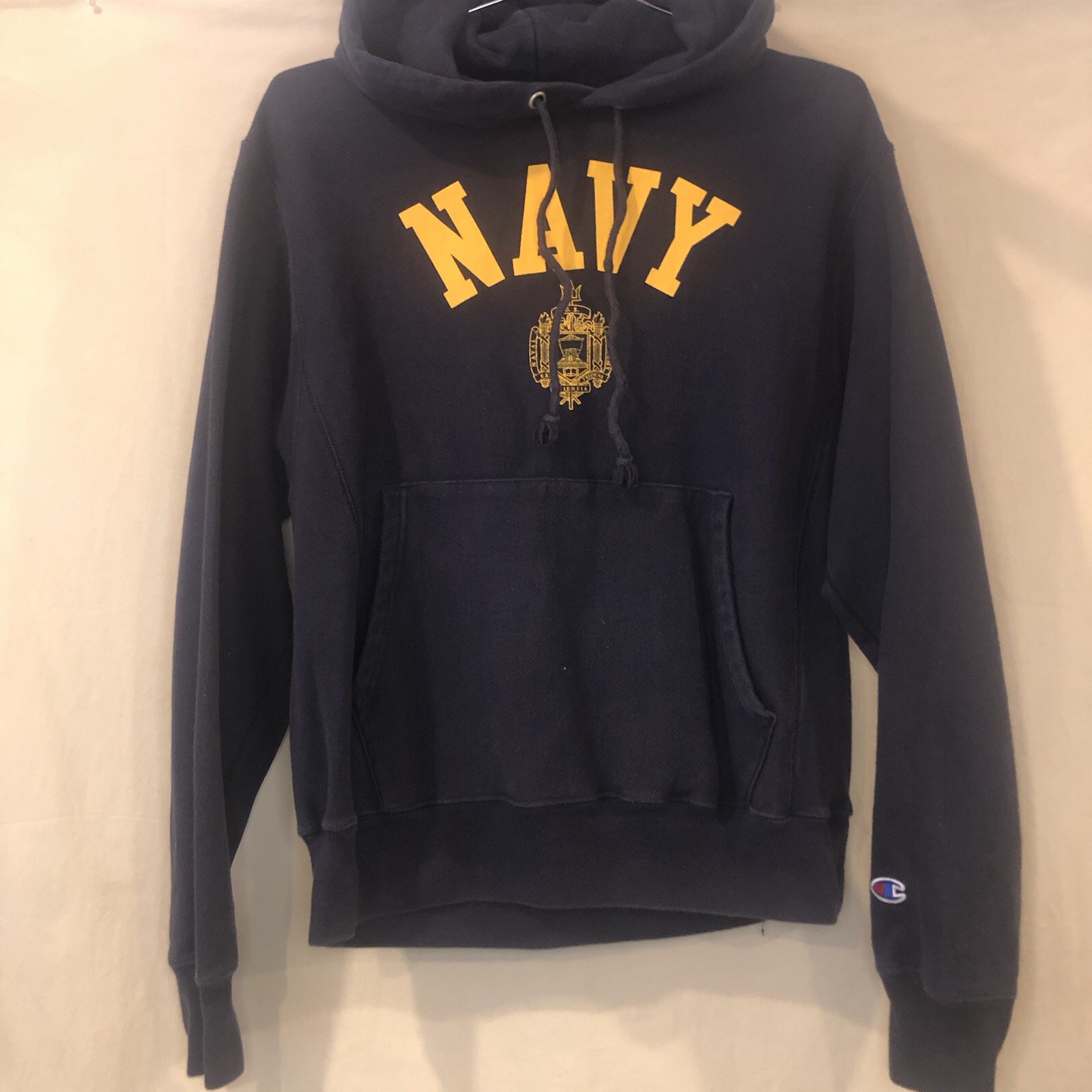 Vintage Champion Reverse Weave Navel Academy NAVY Hoodie Sweatshirt S Heavy Wt.